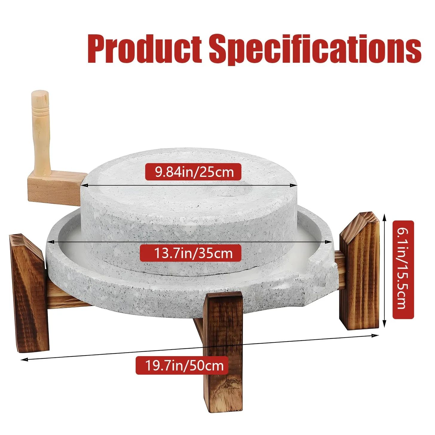 Yinian Mulino a Pietra Fatto a Mano, con Telaio in Legno Macina Tutto, Spice Grinder Machine, Macinino per Frutta Secca, Macinino Artigianale Domestico per Cereali, Fagioli E Orzo(Size:35cm)