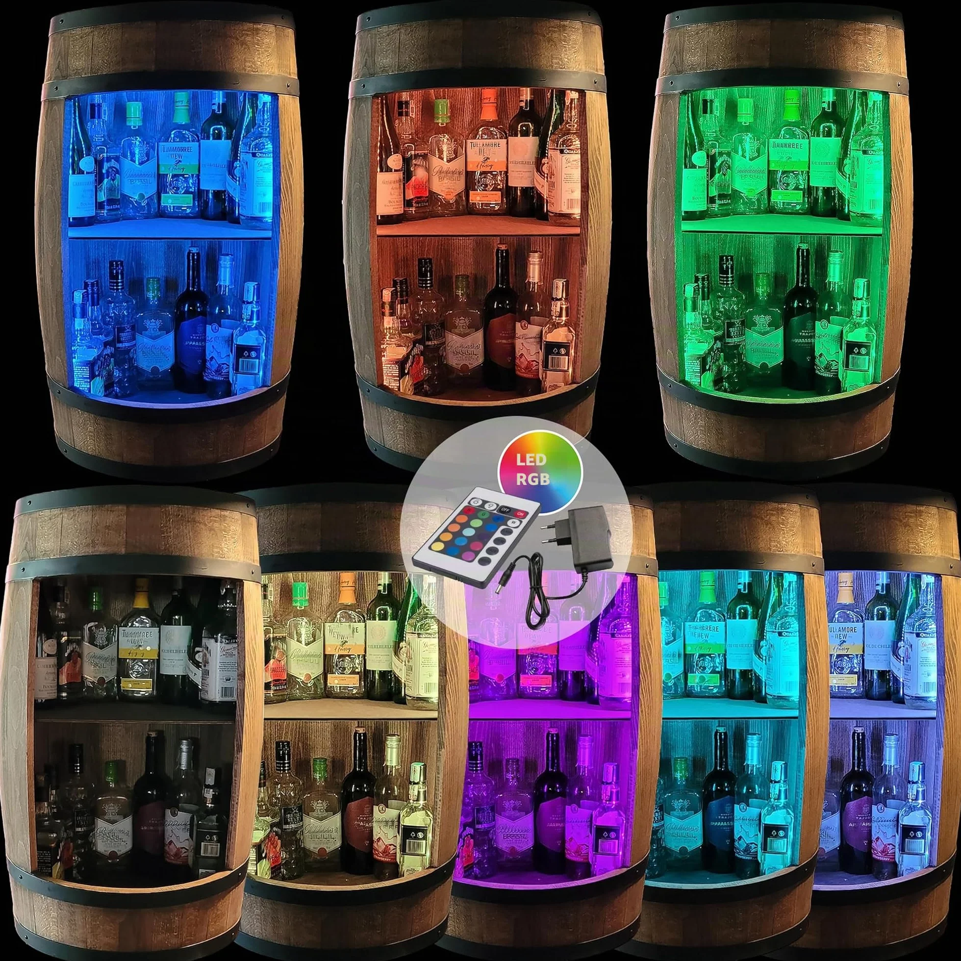 weeco Mobiletto bar a barile in legno con illuminazione a LED RGB, Minibar a forma di botte. Armadietto con ripianoper vini whisky - botte tavolo.Un uomini, Botte per Vino (wengé)