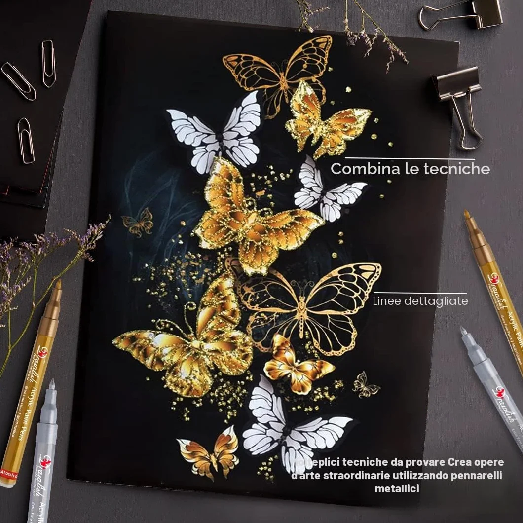 Set 4 pennarelli acrilici metallizzati oro argento punta extra fine 0,7 mm per tessuto vetro legno