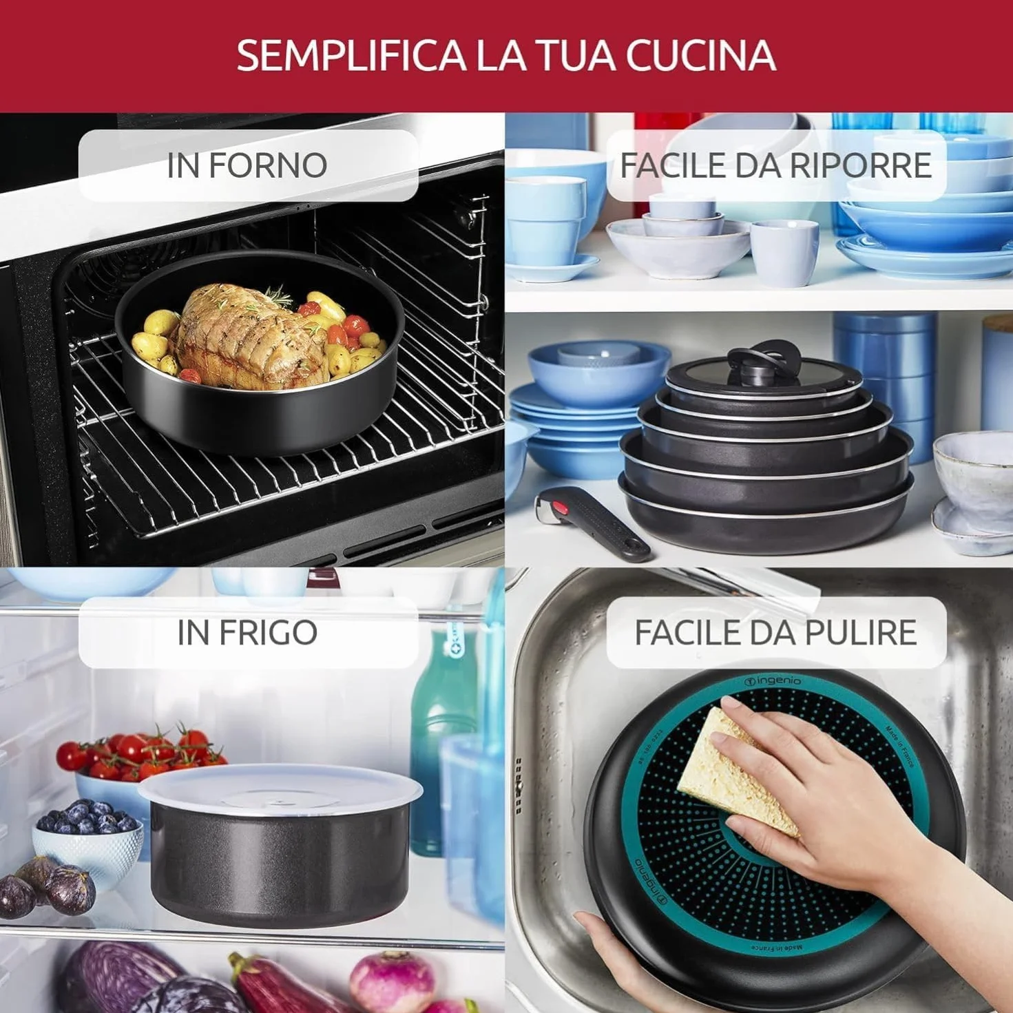 Lagostina Ingenio Essential Plus Set di Pentole, Alluminio per Gas e Forno (no induzione), 17 Pezzi, 2 Casseruole Fonde, 2 Padelle, Tegame, Wok, 5 Coperchi, 5 Proteggi Padella e Manico Removibile
