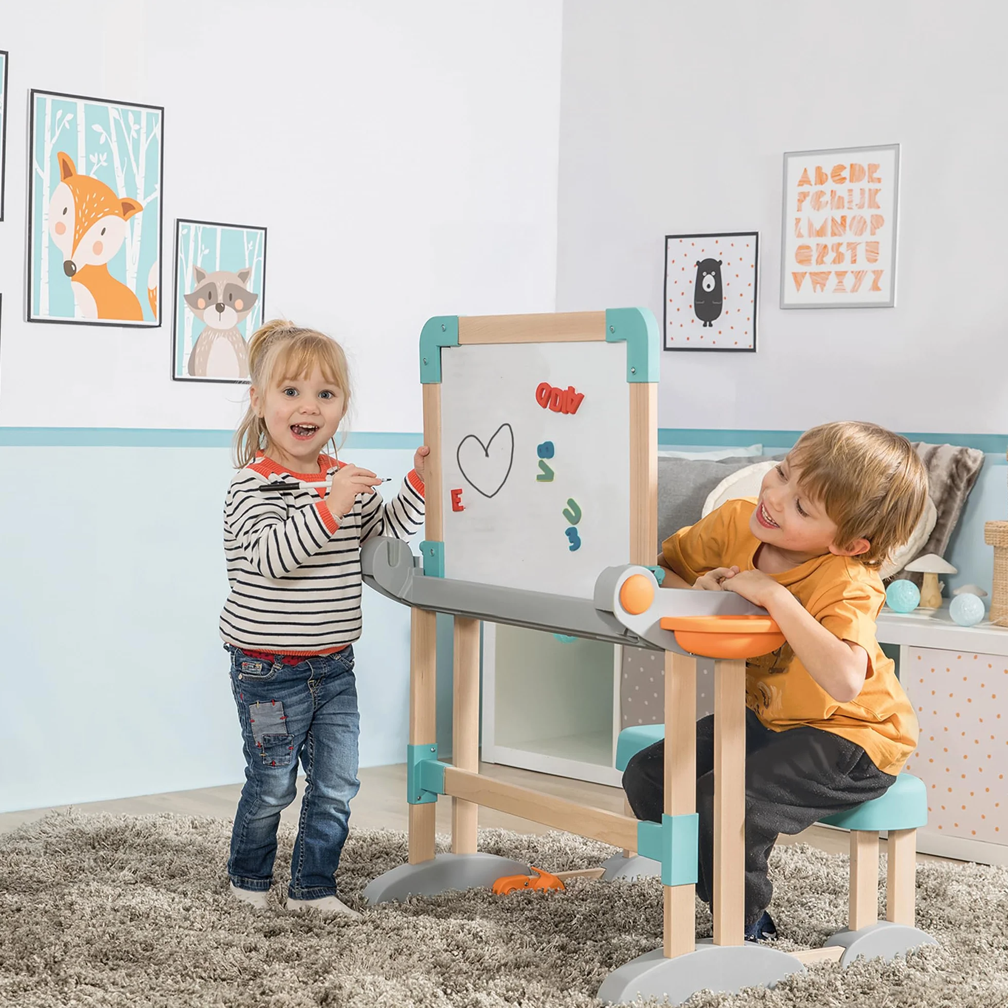 Smoby - Modulo Space Desk - Trasformabile in Lavagna bifacciale - Legno e plastica - Pieghevole e Compatto - 80 Accessori Inclusi - dai 3 Anni