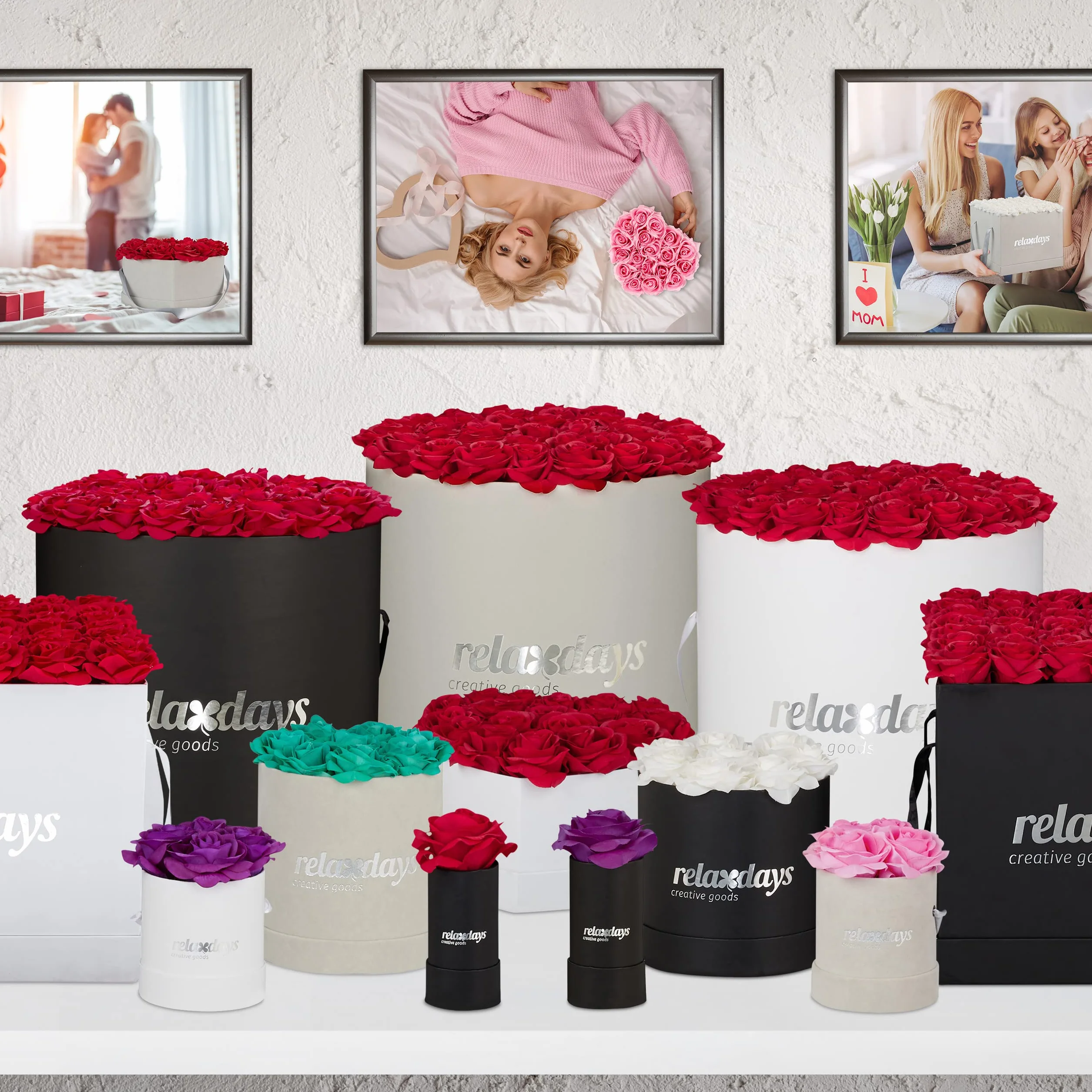 Relaxdays Box di Rose a Forma di Cuore, 18 Rose, Nero, Resistente 10 Anni, Idea Regalo, Box Decorativo, rossi