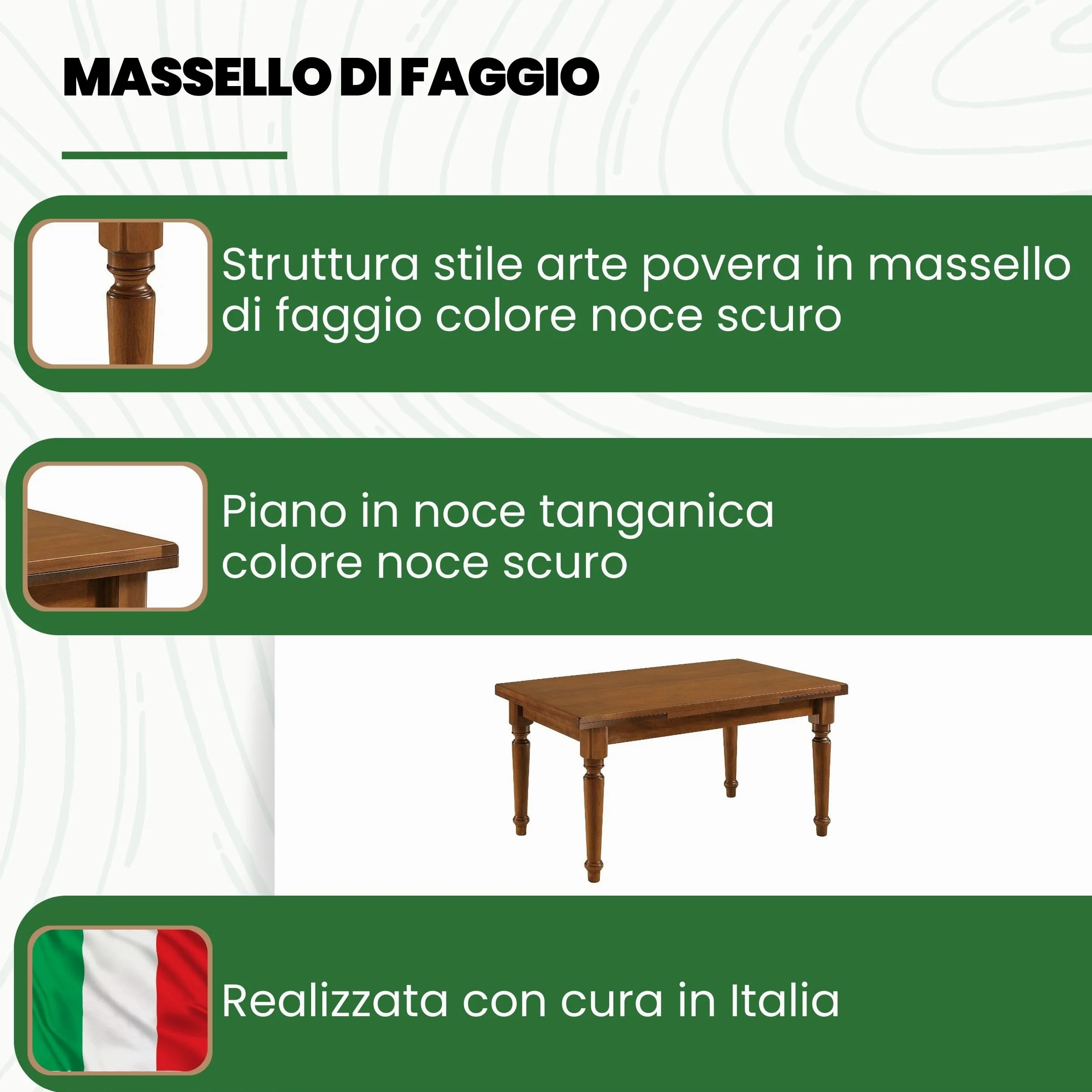 Mar.c.a. Design - Tavolo Rettangolare Allungabile fino a 230 cm., con gambe Tornite, Legno Massello, Noce scuro, Arte Povera, con 2 Allunghe da 35 cm. - Mis. 160X85X80 cm.