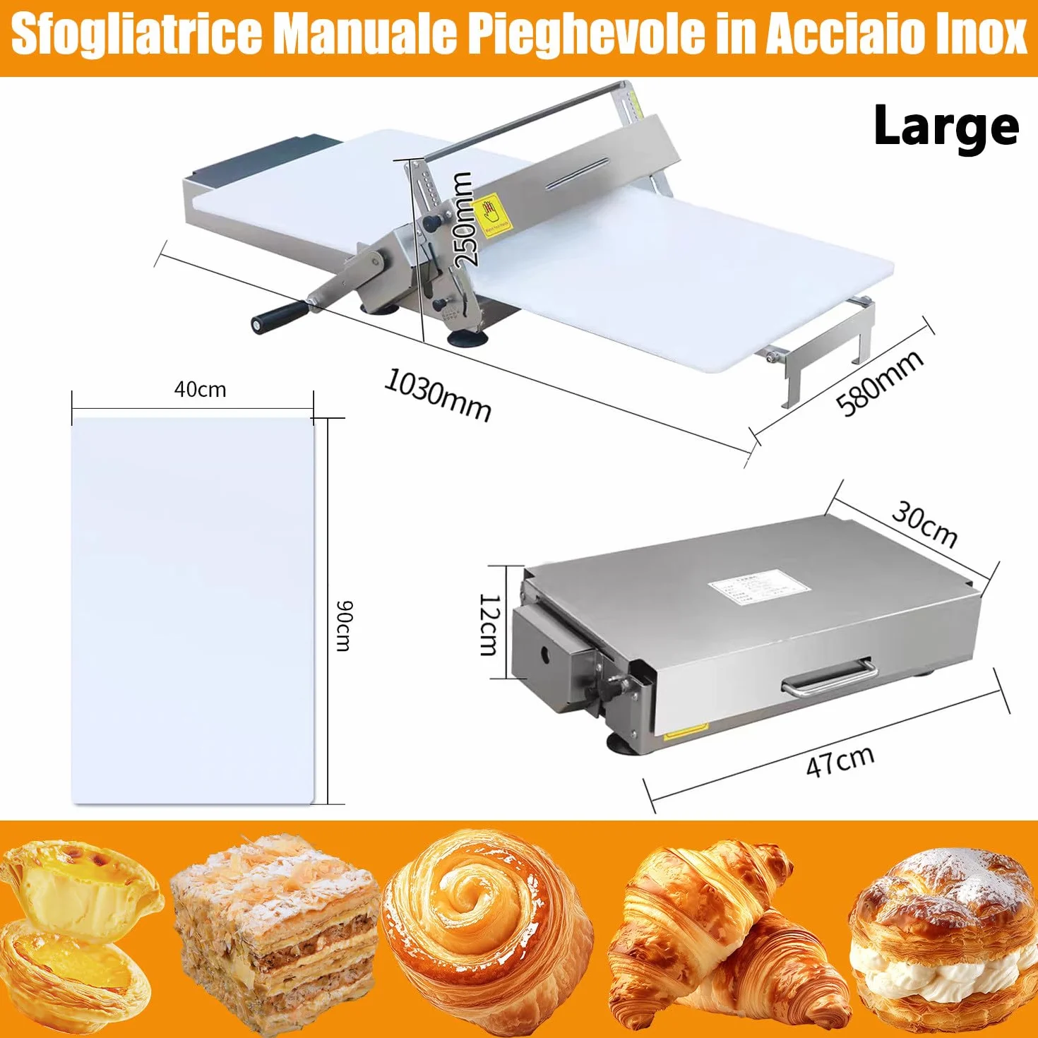 Sfogliatrice Pieghevole Professionale per Pasta Sfoglia e Croissant Laminatrice Compatta Acciaio Inox Large