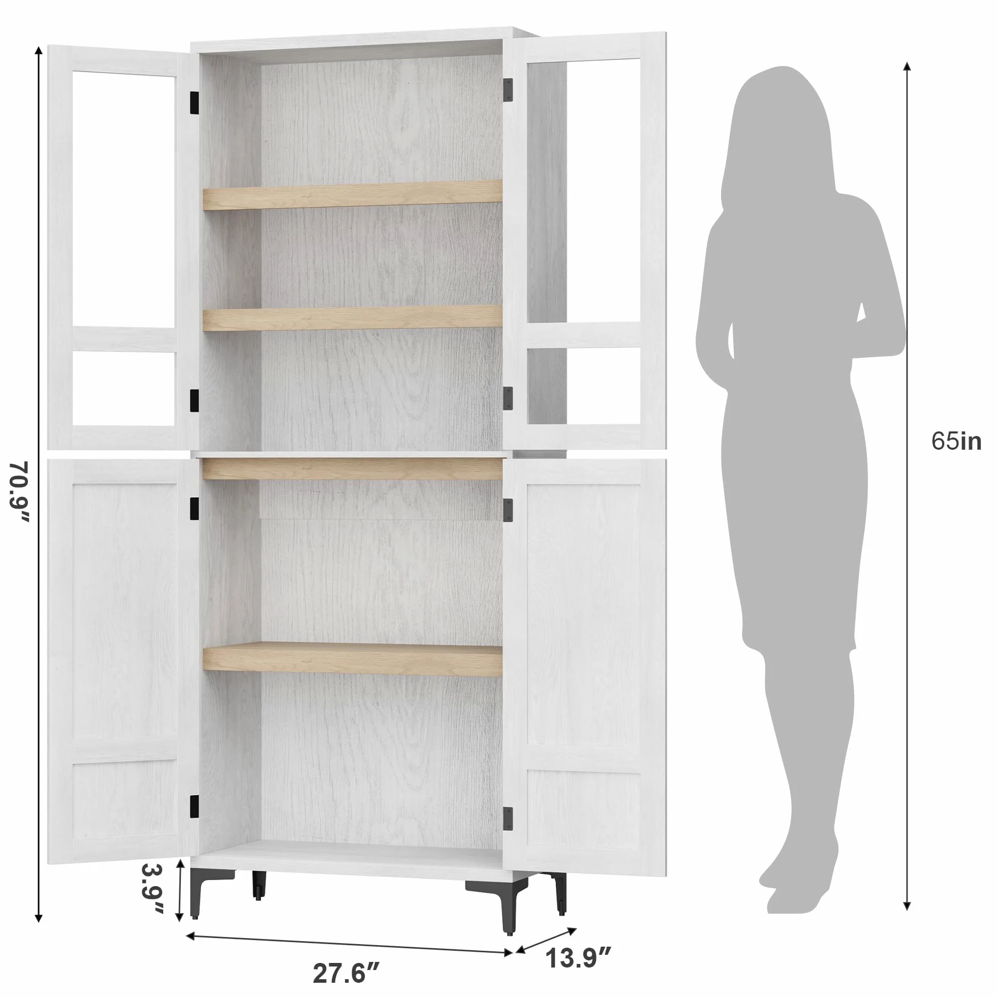Mobile credenza ingresso alto 180 cm - 5 ripiani regolabili, ante in vetro - Armadio dispensa multiuso per cucina e bagno - Finitura bianco antico con interno legno naturale - Ante in vetro,