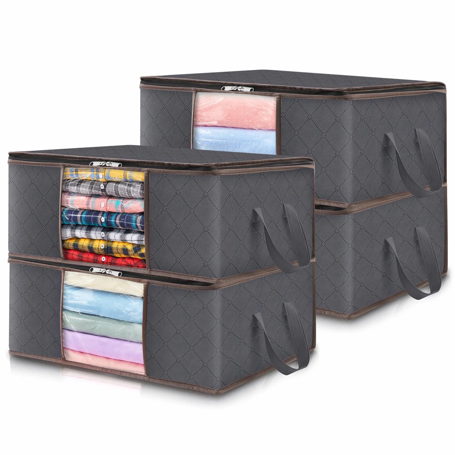 Lifewit Borsa Pieghevole per Vestiti Confezione da 4, Scatola Organizer per Stoccaggio Indumenti con Maniglia Rinforzata e Finestra Trasparente per Asciugamani, Maglioni, Magliette, 35L, Grigio