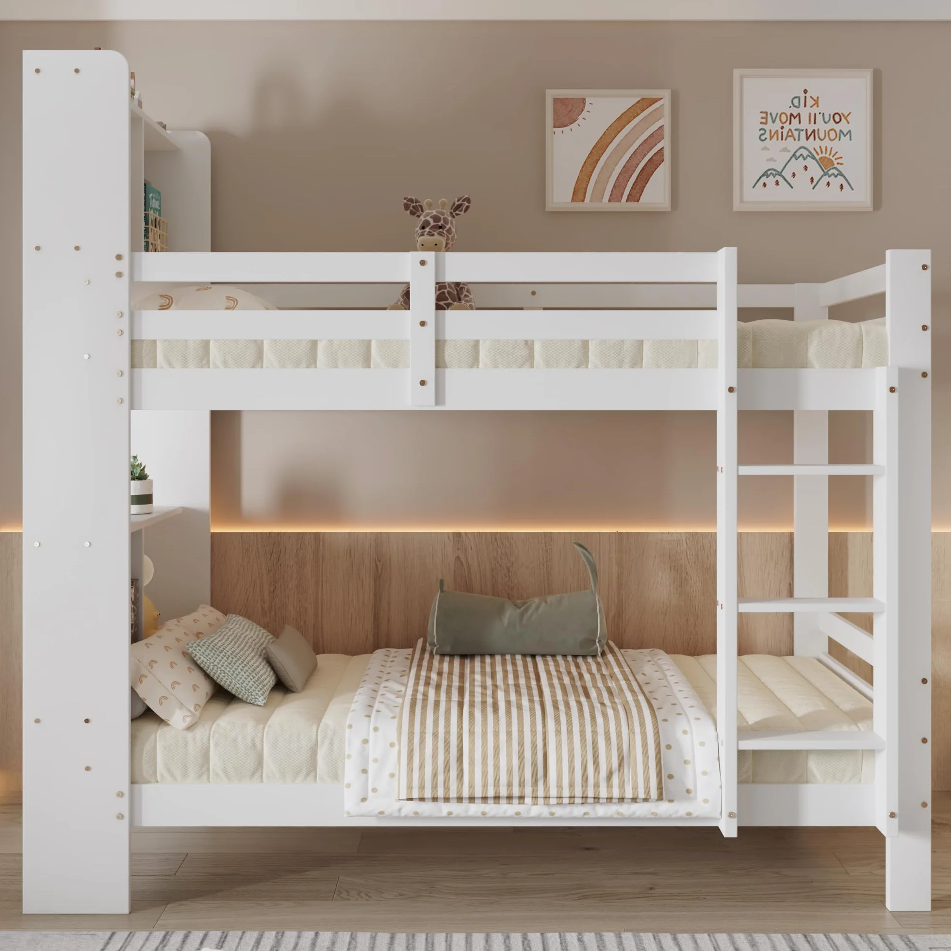 Oyemige Letto a Castello, Letto per Bambini con Contenitore, Letto Matrimoniale con Ripiano e Scala Ad Angolo Retto a Tre Gradini, 90x200 cm Letto In Legno, Rete A Doghe, Bianco, Senza Materasso