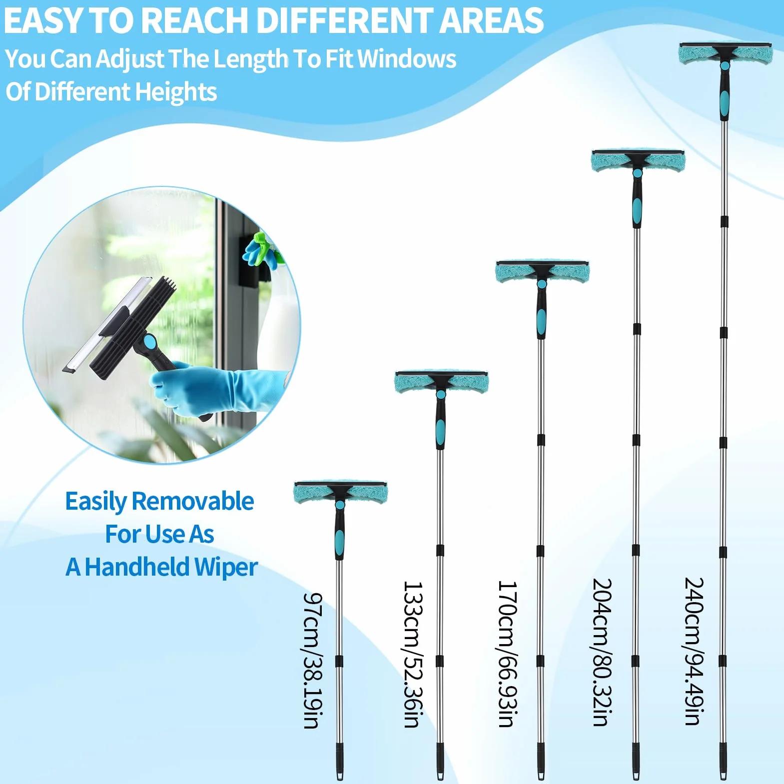 Raschietto per Vetri Professionale 2 in 1, Kit Pulizia Vetri con Manico Telescopico 240 cm, Testa Flessibile, Blu