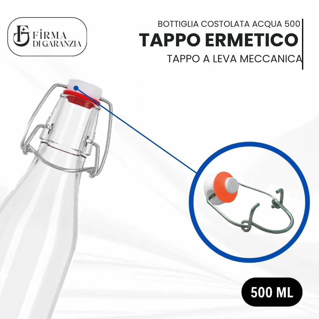Bottiglia Costolata vuota Acqua Vino Vintage Milly 500cc Mezzo litro Tappo Meccanico Ermetico Set 6 Pezzi