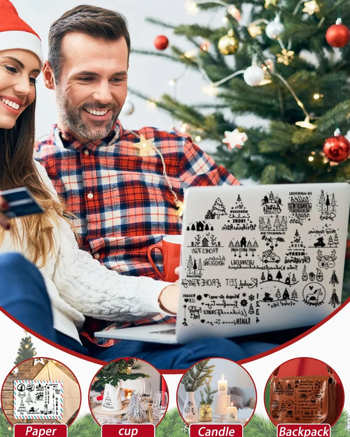 8 fogli francobolli chiari a tema Natale timbri trasparenti in silicone di stile diverso con motivo fiocco di neve albero di Babbo Natale per la fabbricazione(Nero)