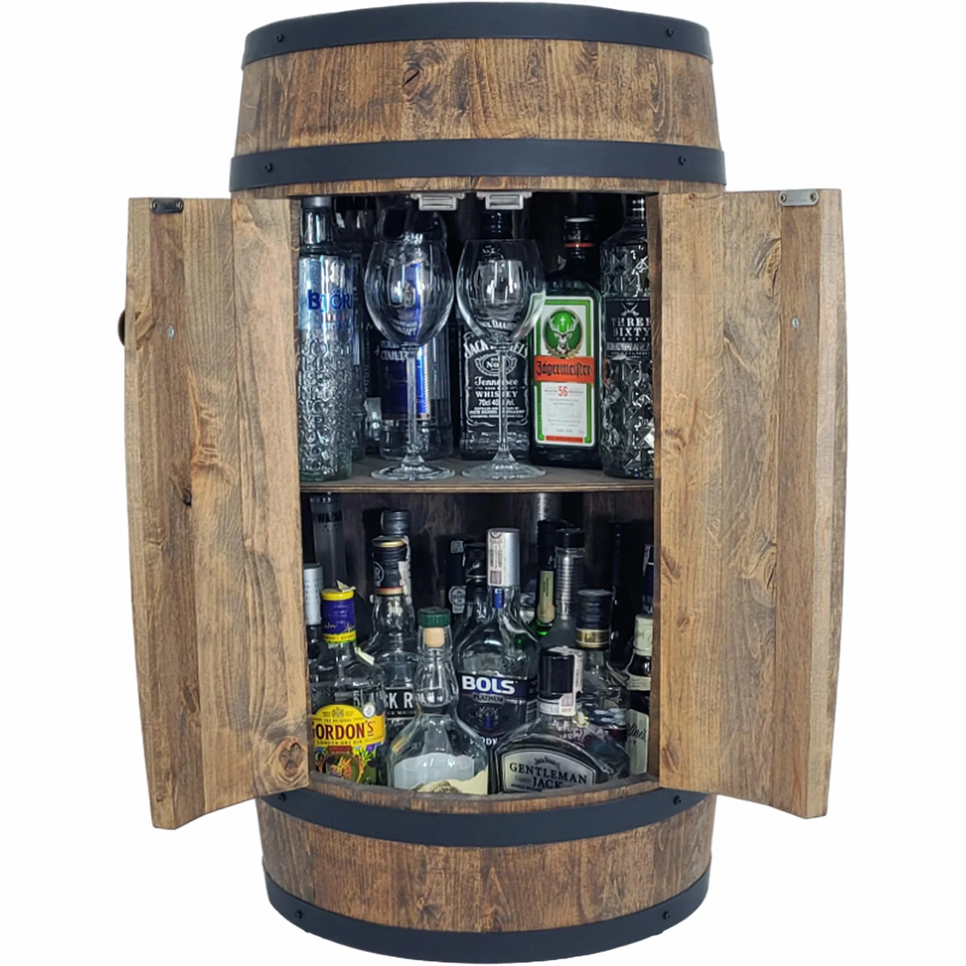 WEECO Barile con due ante, armadio per bevande, Whisky bar, Barile di vino, Cantinetta Portabottiglie in Legno, Mini Bar scaffale rotondo, Scaffale vino Botte vini, Barile Grappa, Barile da whisky