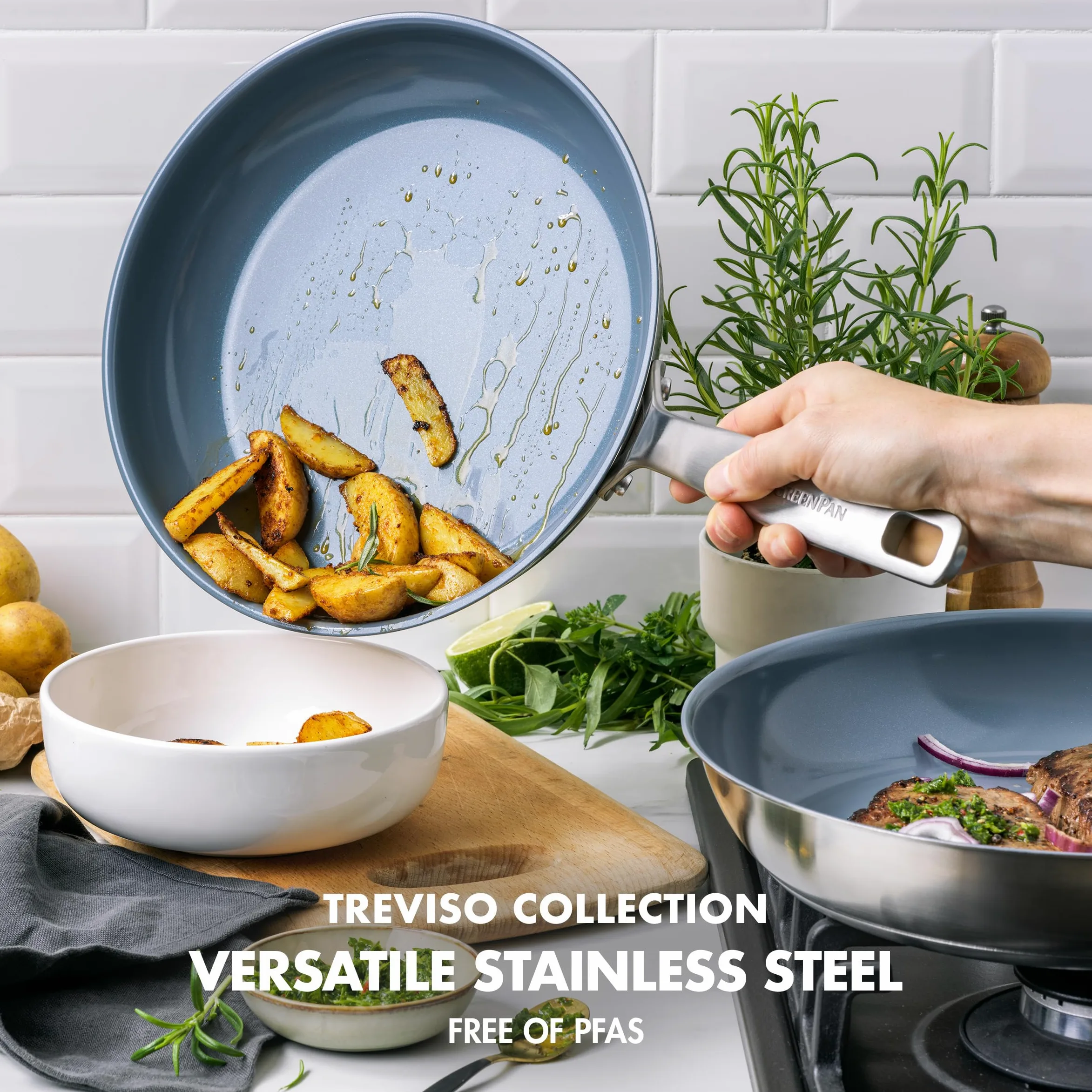 GreenPan Treviso Set di 2 Padelle in Acciaio Inox con Rivestimento Ceramico Antiaderente Sano, 24 cm e 28 cm, senza PFAS, Induzione, Forno e Lavastoviglie, Argento