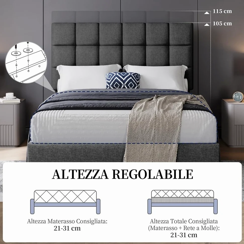 Yaheetech Letto Imbottito 140 x 200 cm con Testiera Quadrata Altezza Regolabile Doghe in Legno Grigio Scuro