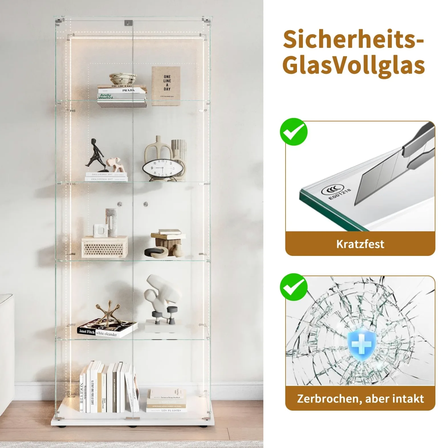 BestAlice Vetrina in vetro, armadietto da collezione con striscia luminosa a LED e lucchetto, armadietto con 2 ante, 5 ripiani, cassetta di presentazione, mobili trasparenti, per soggiorno, bar