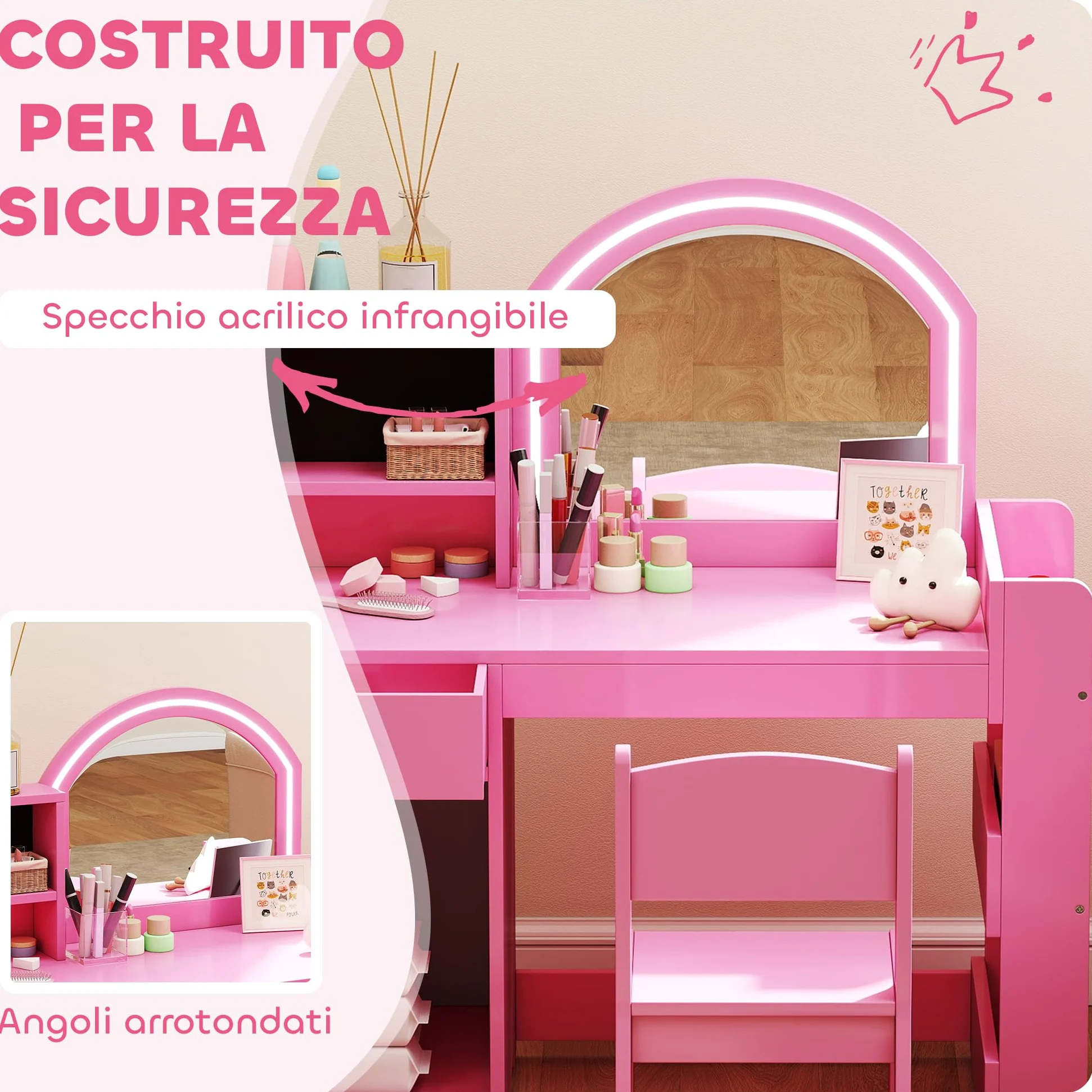 AIYAPLAY Set Toeletta Trucco per Bambini 3-8 Anni 2 in 1 con Specchio Illuminato e Sedia, Postazione Trucco in Legno con Luce LED a 2 Colori, Armadietto, Scaffali e Libreria, Rosa