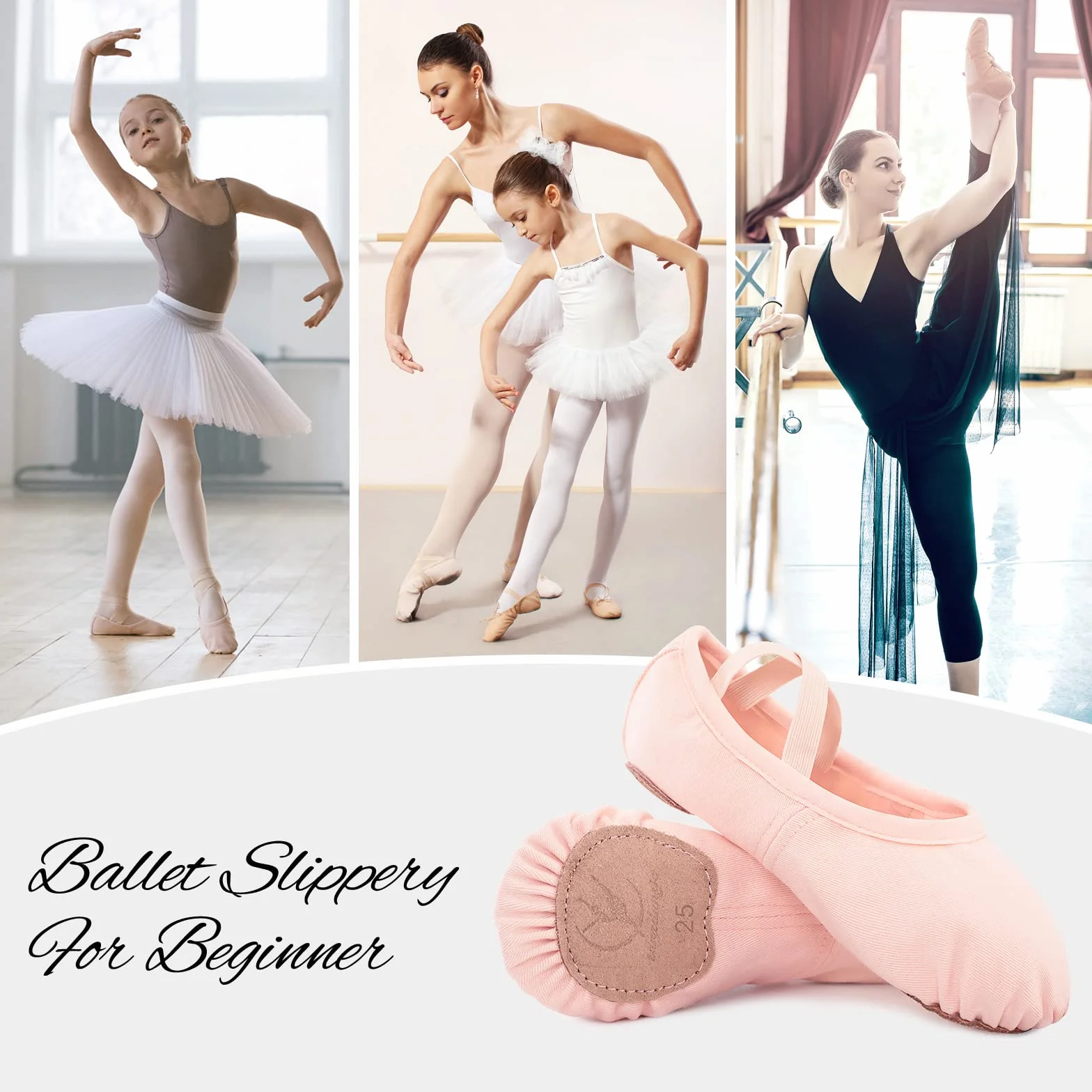 Scarpe da Danza Classica in Tela Elasticizzata Suola in Cuoio Crosta per Bambina Ragazze