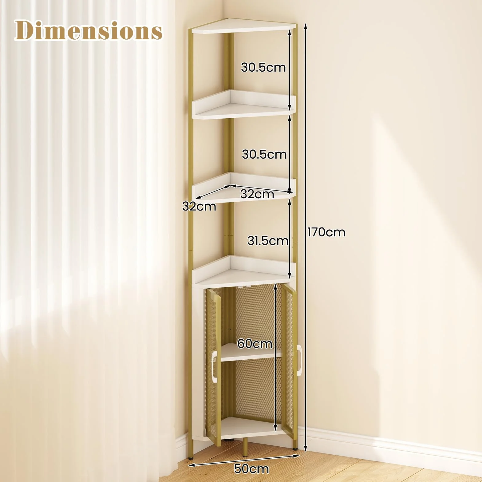HOMASIS Scaffale ad Angolo, Mobiletto Angolare a 4 Ripiani e Armadietto, Portaoggetti di Legno, Mensola Industriale in Soggiorno, Studio, Cucina, Camera da Letto (Bianco, 32 x 170 cm)