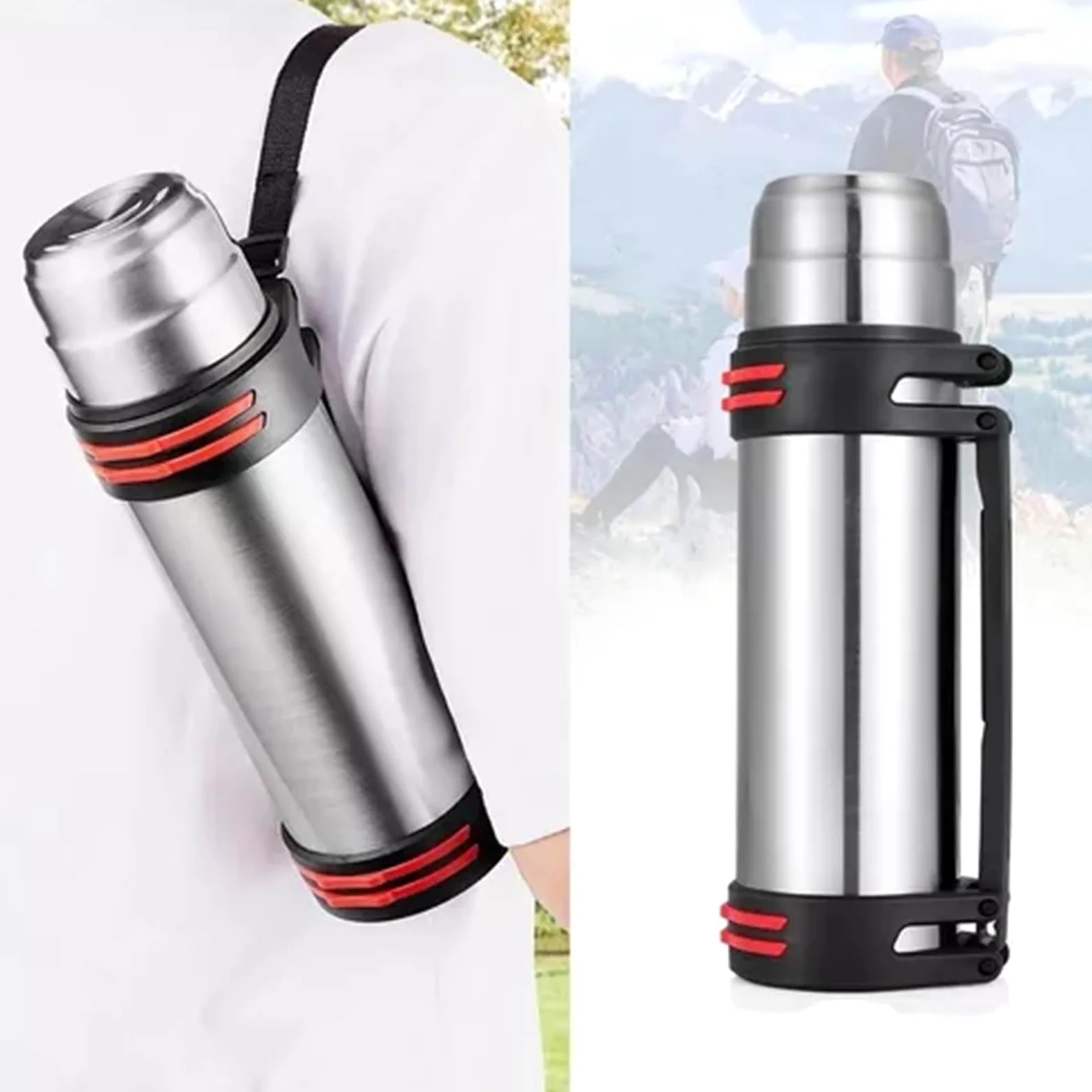 Bottiglia d'acqua termica 2L in acciaio inox con 2 coperchi tipo di pressione a prova di perdite Borraccia portatile a prova di perdite per escursionismo tazza isolata sottovuoto bottiglia d'acqua