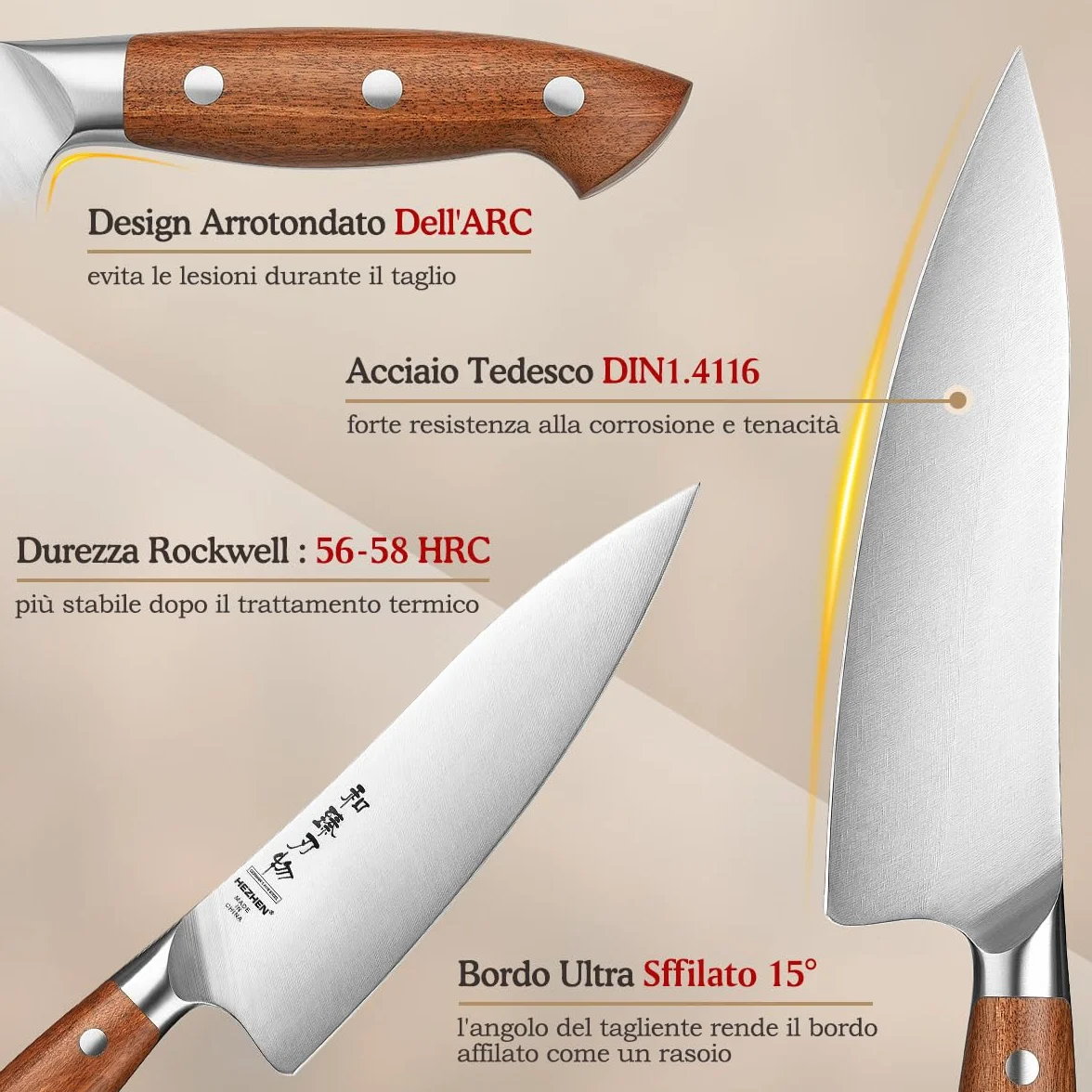 Coltelli da Chef HEZHEN 21cm Acciaio German DIN1.4116 Full Tang Manico Redwood