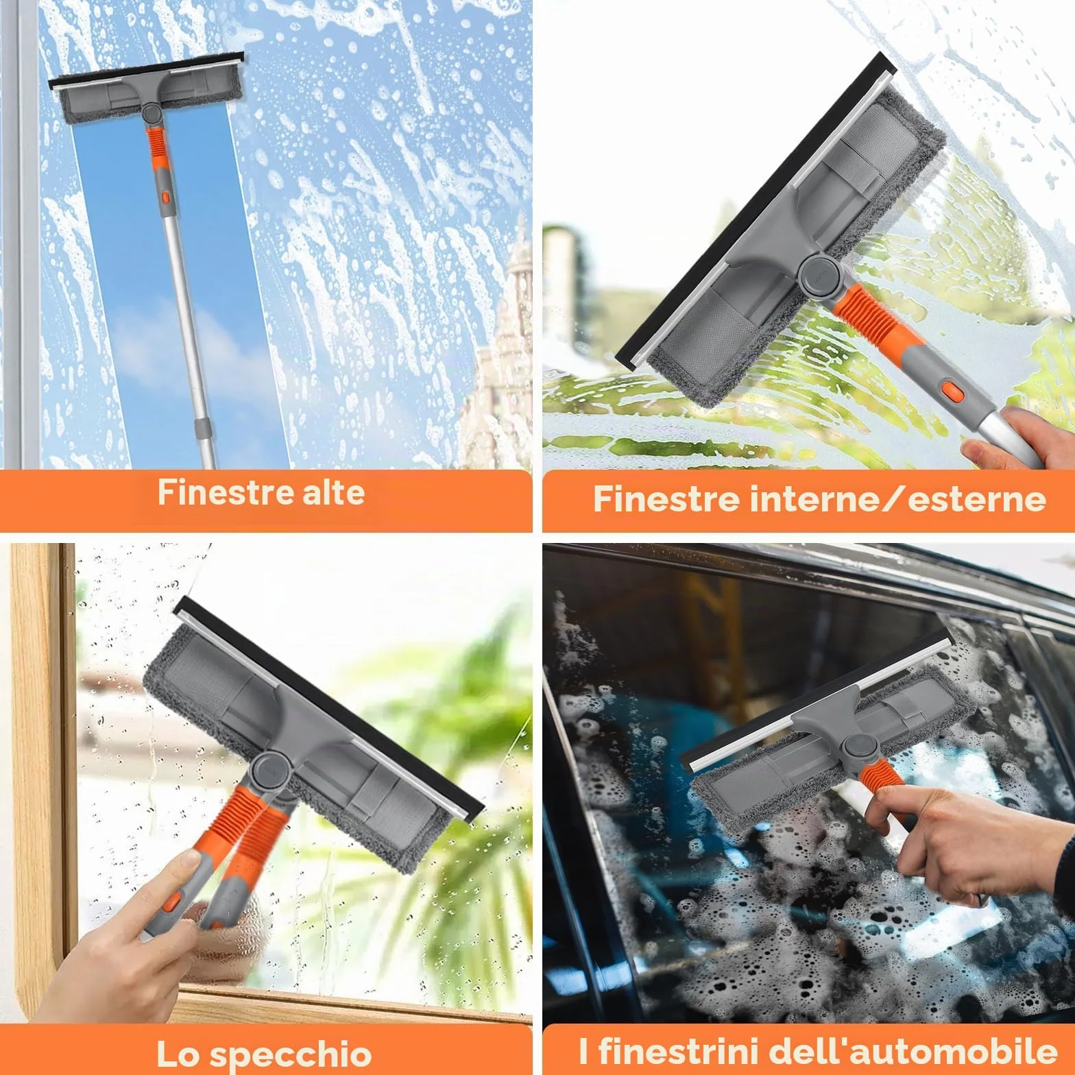 Lavavetri Professionale 2 in 1 con Manico Telescopico 254cm, Panni in Microfibra