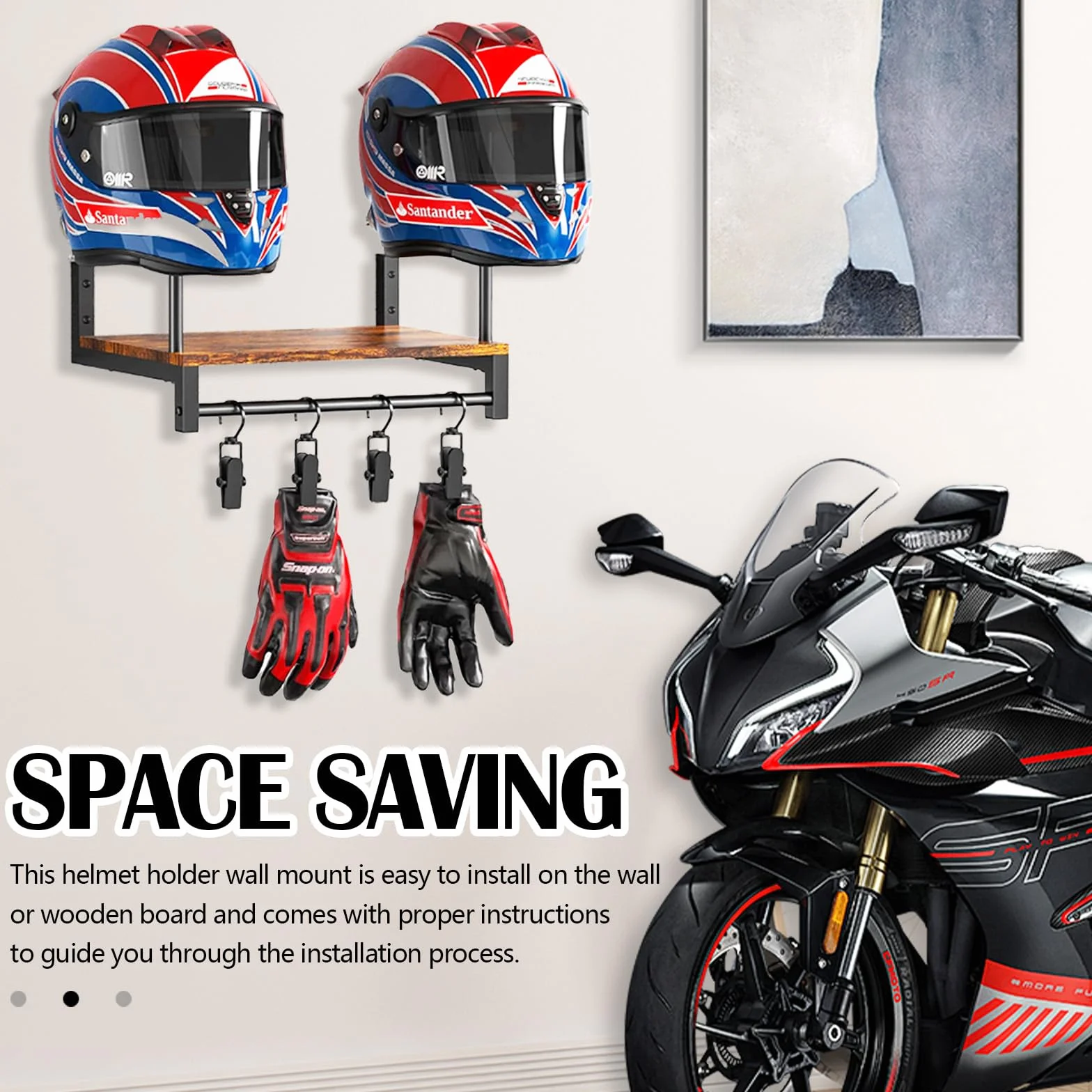 Porta Casco Moto da Parete per 2 Caschi con 4 Clip Appendere Guanti Abbigliamento Moto