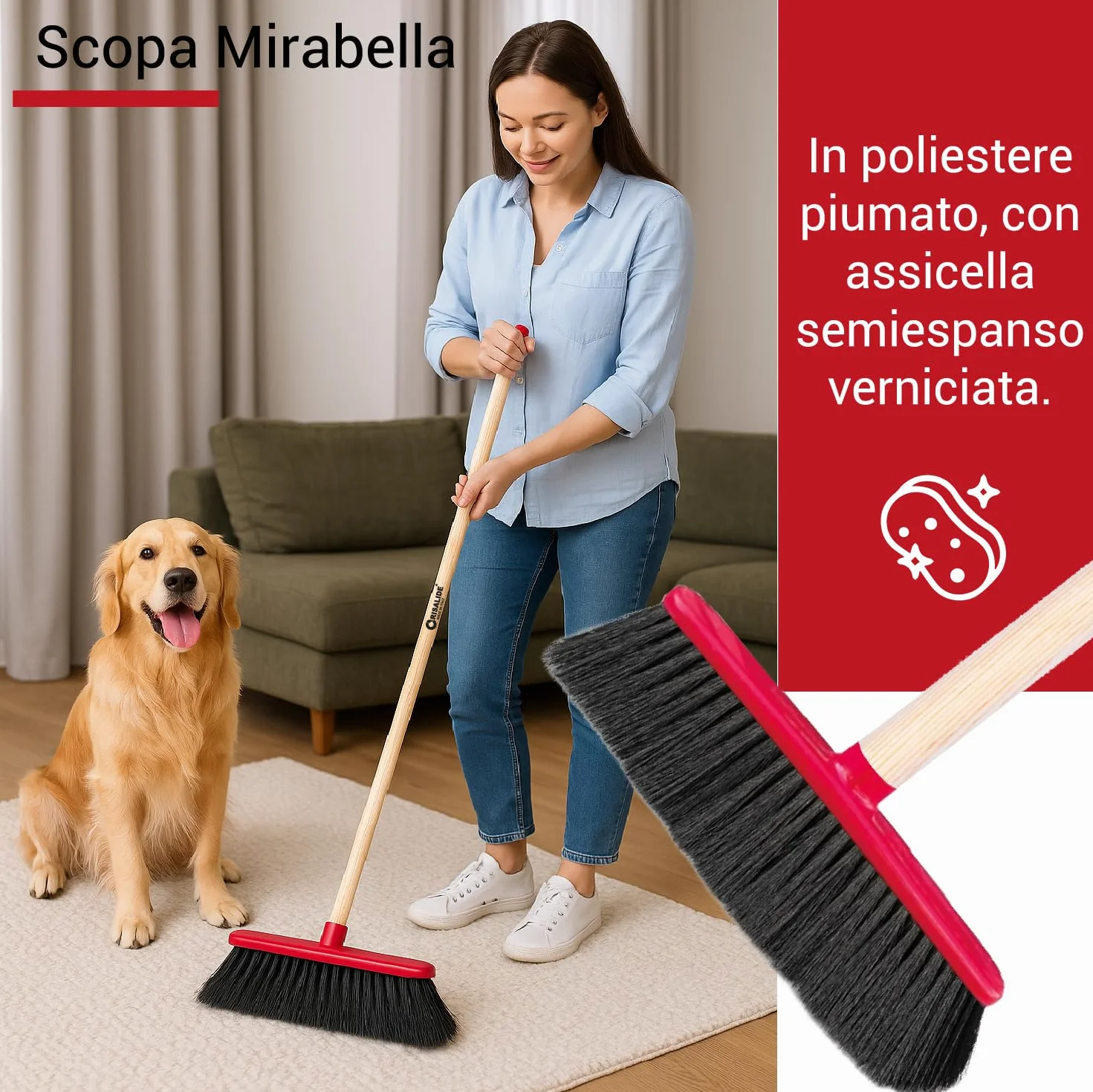 Crisalide SET PULIZIA CASA PIPPO Scopa Classica Setole EXTRA-MORBIDE Manico Legno 130cm Spazzolone Setole RIGIDE