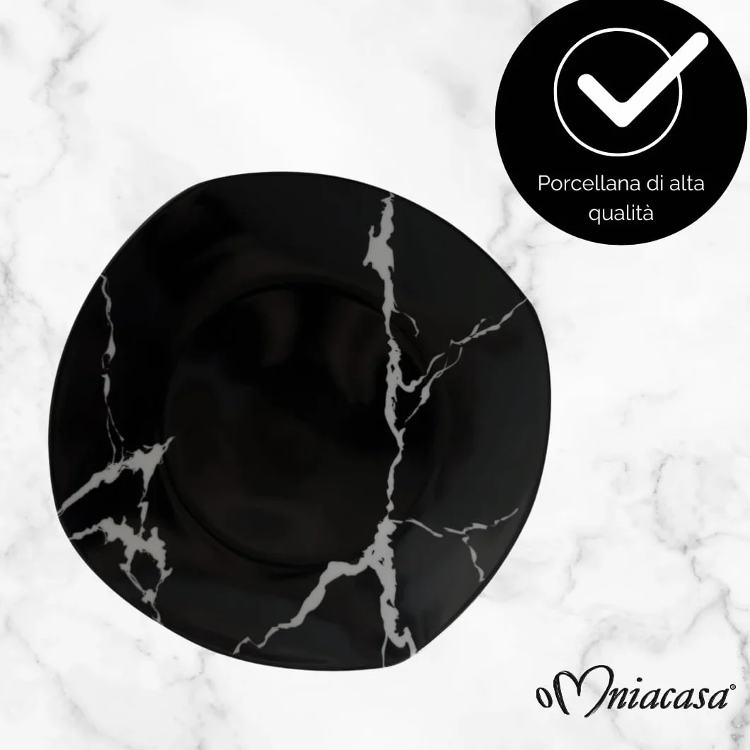 Servizio Piatti 38 Pezzi Per 12 Persone | Resistente Porcellana Bianca e Nera Design Moderno Marmorizzato Elegante Raffinato | Uso Quotidiano, Occasioni Speciali, Lavabile in Lavastoviglie