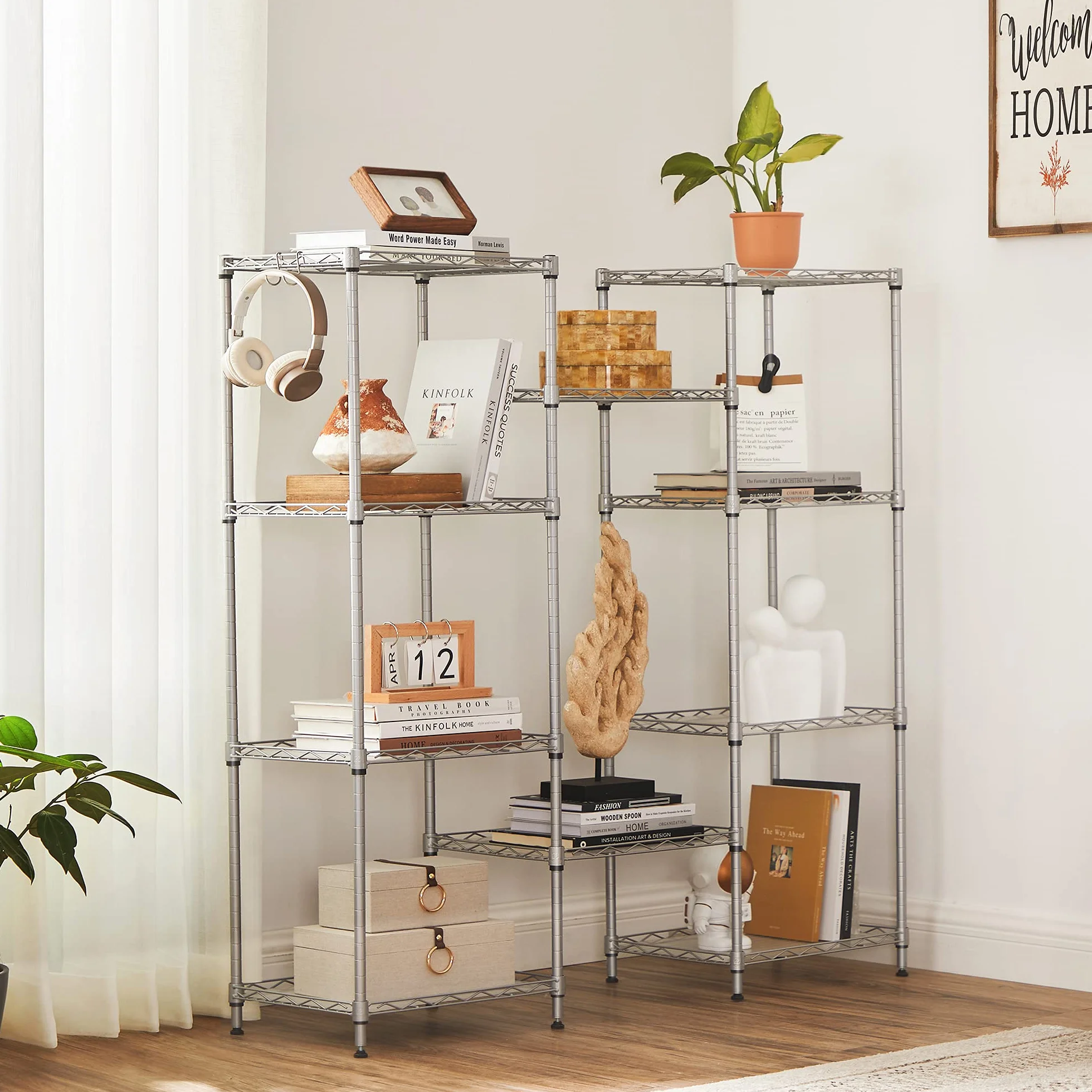 SONGMICS Mensola da cucina a 5 livelli, 8 ganci, regolabile in altezza, metallo, argento LGR115E01