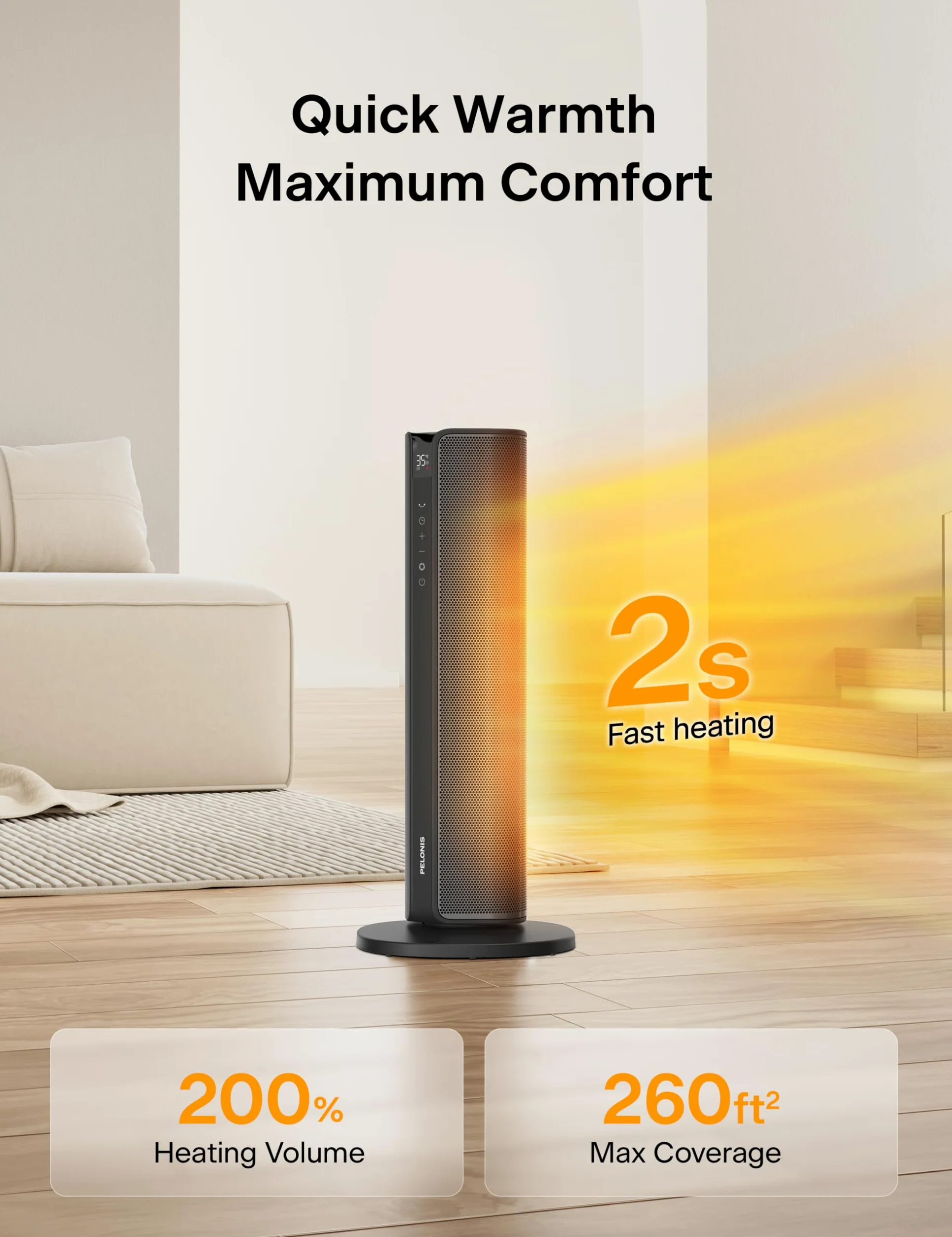 PELONIS - Ventilatore elettrico da 2000 W con telecomando, riscaldamento rapido 2S, oscillazione 75°, modalità ECO, surriscaldamento, protezione antiribaltamento, termoventilatore in ceramica a bassa