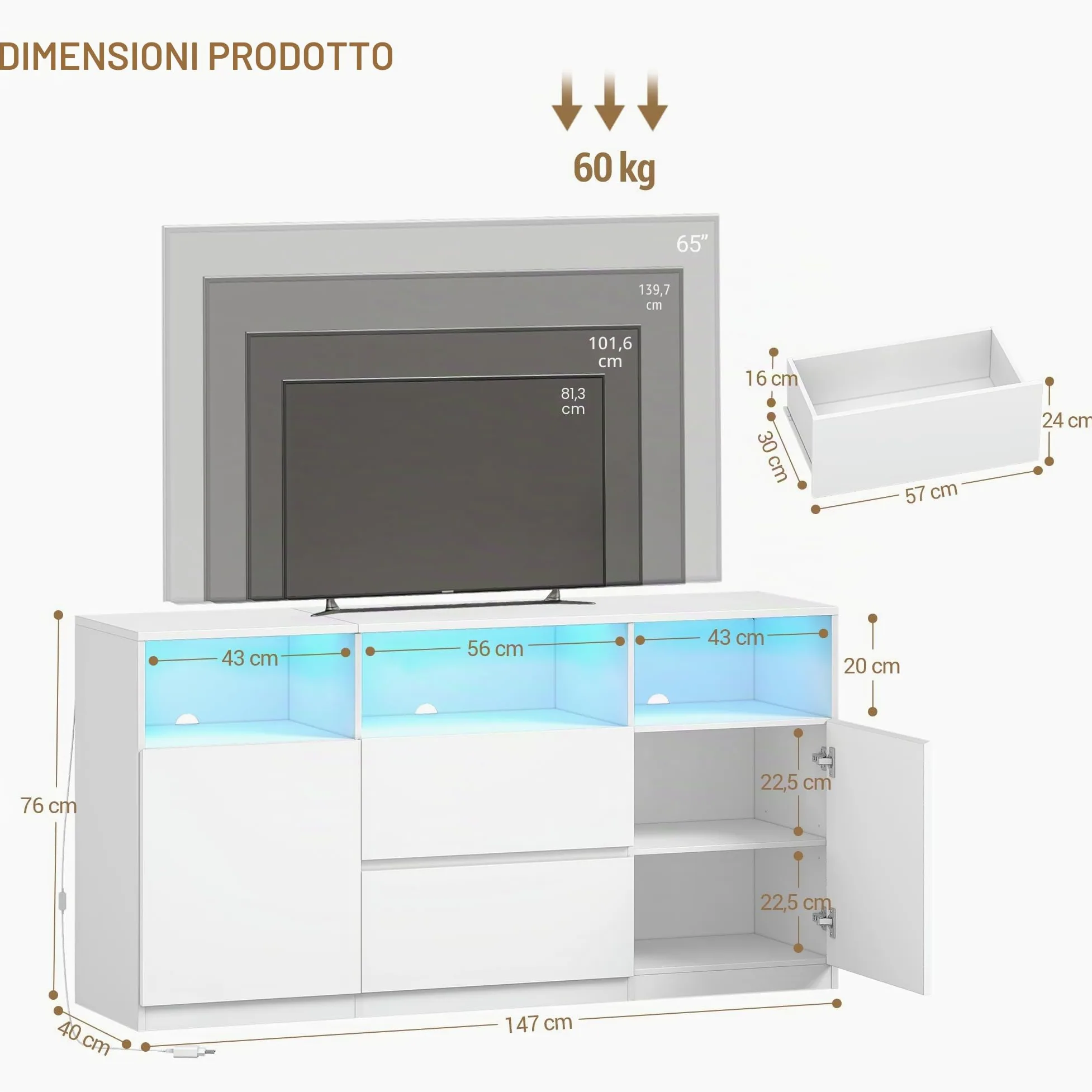 Hzuaneri Mobile TV, Tavolino Porta TV fino a 65 Pollici, con 2 Cassetti, 2 Gabinetto, 3 Scomparti Aperti, Luci LED, 147 x 40 x 76 cm, Soggiorno, Camera da Letto, Bianco TV17003XEU