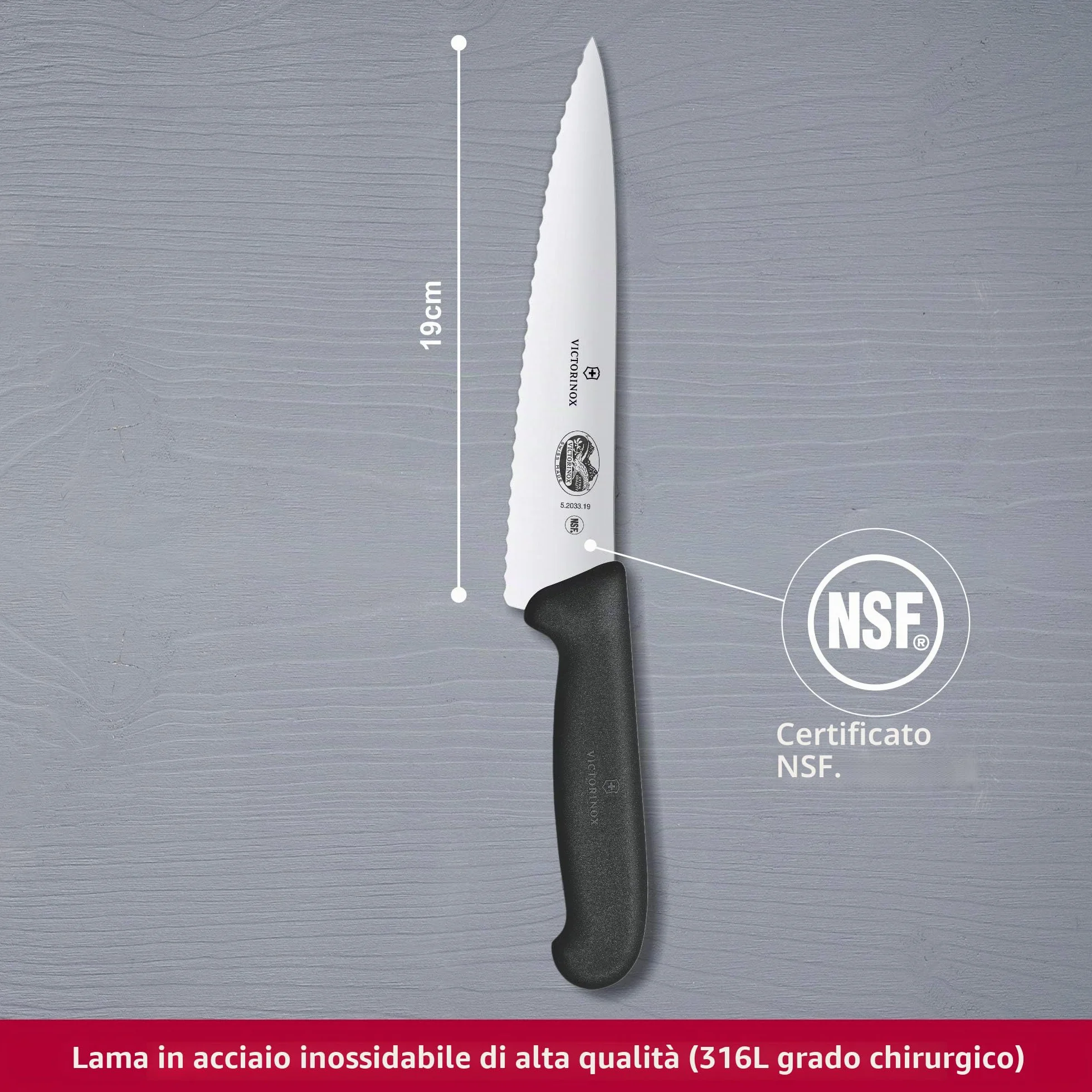 Victorinox, coltello da cucina trinciante con lama seghettata Fibrox, lunghezza: Coltello da 19 cm, in nylon, colore nero