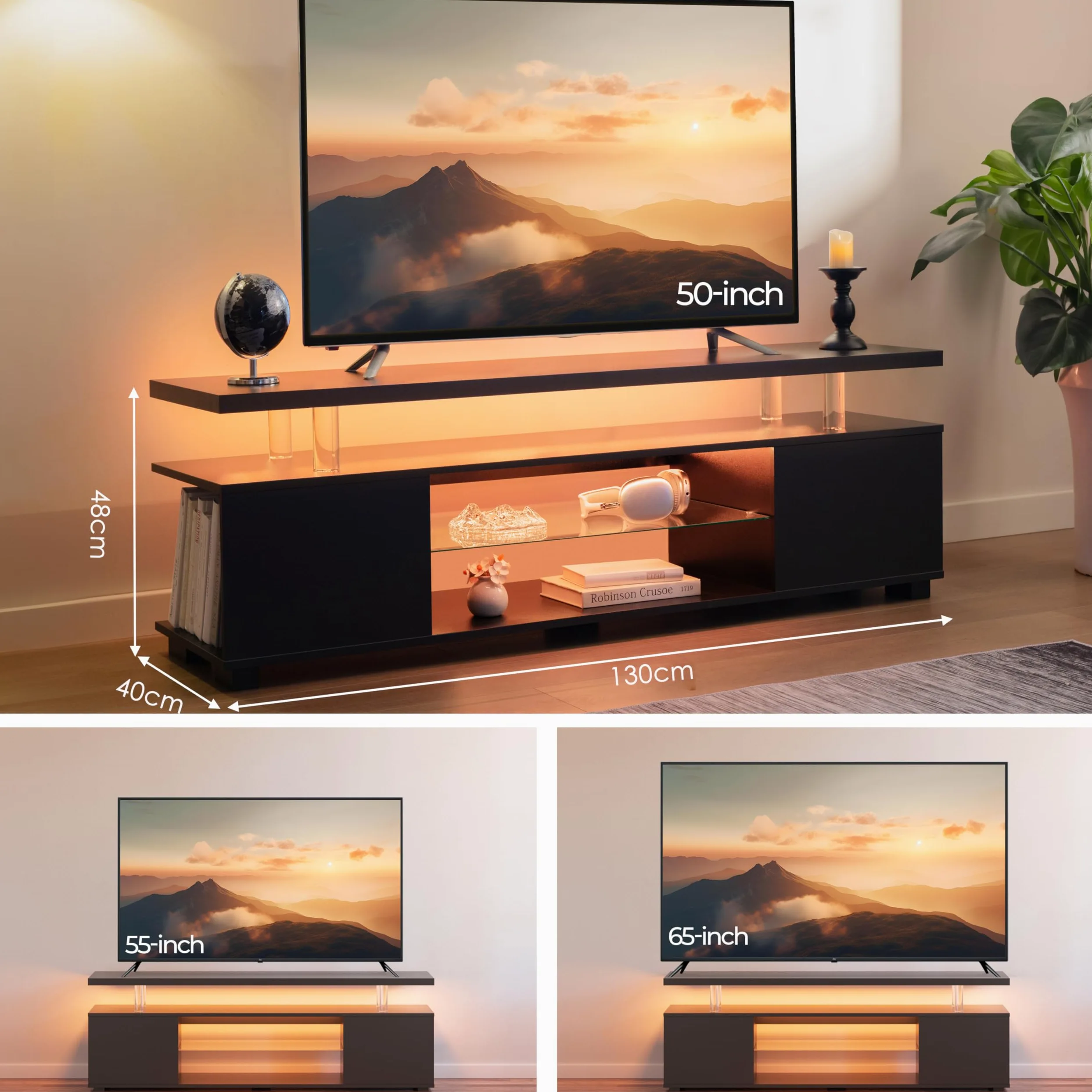 Cubehom LED TV-Schrank 130 cm, Moderno mobile porta TV con illuminazione a LED e spazio di archiviazione, tavolo TV per soggiorno, per televisori fino a 60 pollici, Nero