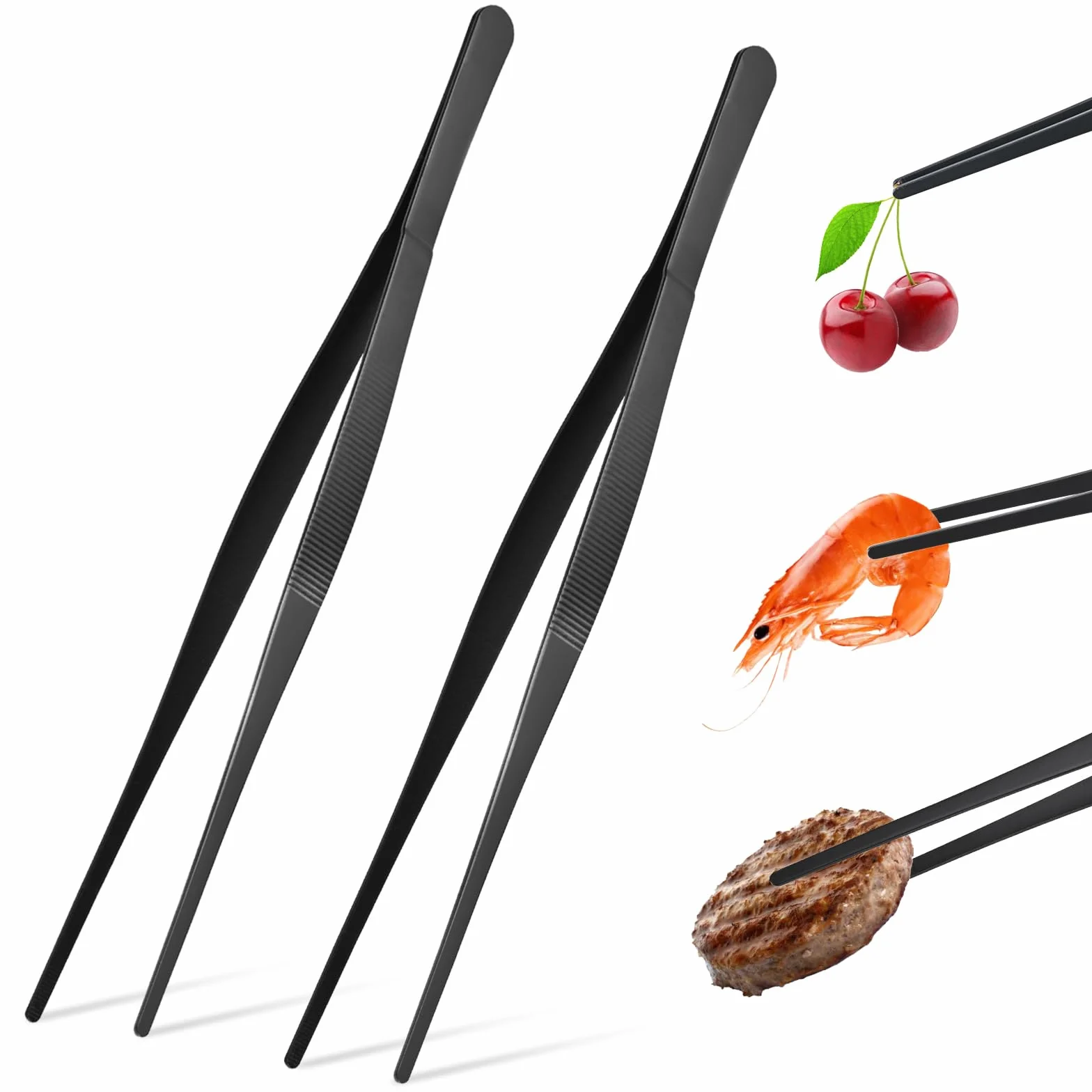 Pinze da Cucina in Acciaio Inox 30 cm, Confezione da 2, Utensili Professionali per Griglia, Nero