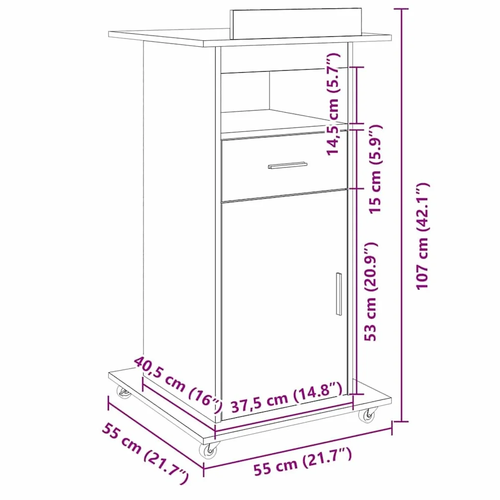vidaXL Leggio con Ruote e Cassetto Bianco 55x55x107 cm in Multistrato, podio, postazione relatori, banco da pavimento, pedana, pulpito