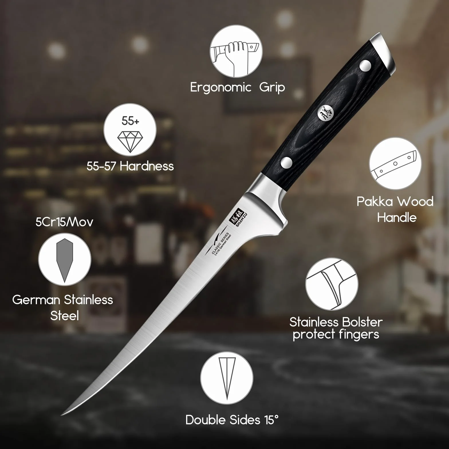 Coltello per Sfilettare 7 inch Acciaio Inossidabile al Carbonio SHAN ZU