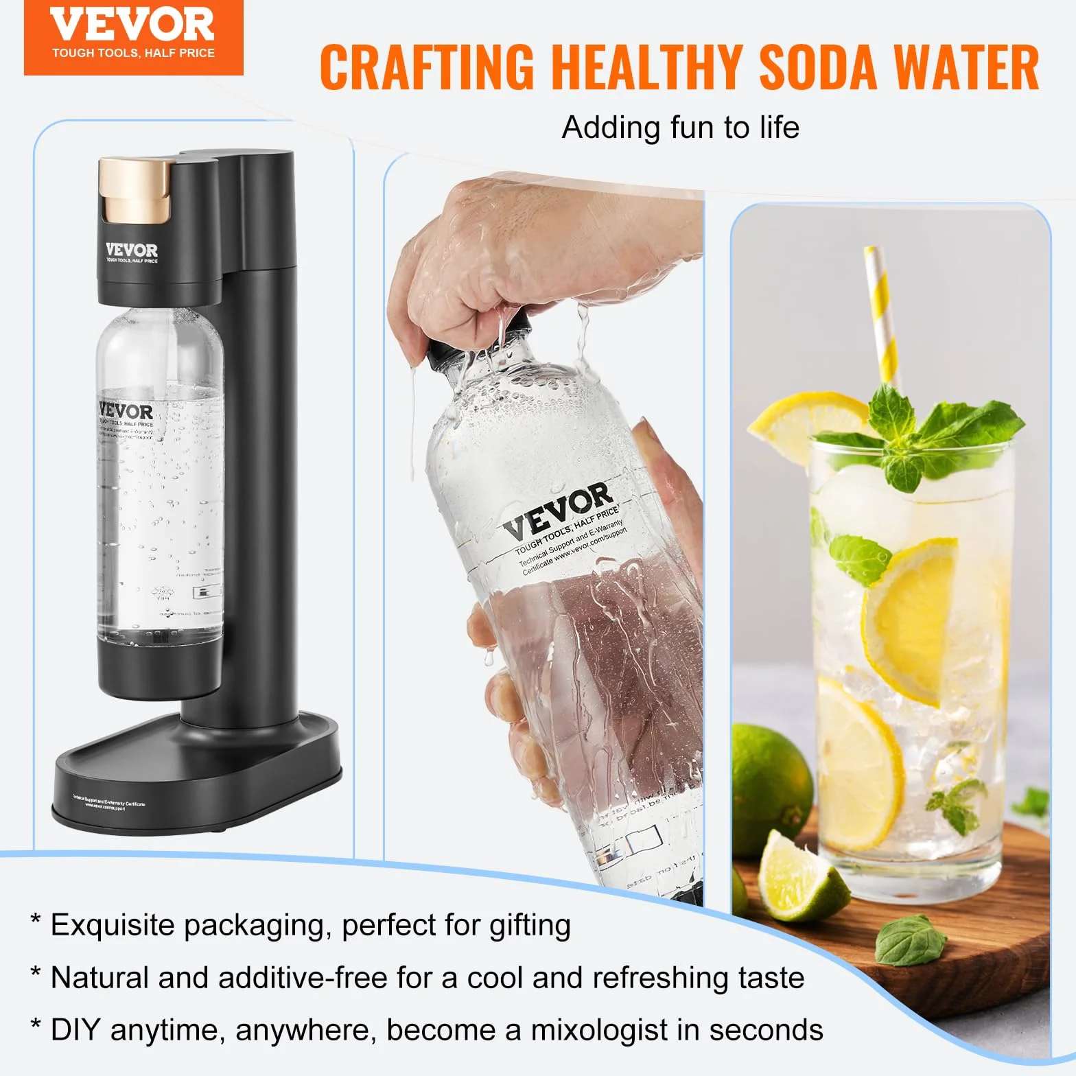 VEVOR Macchina Acqua Gassata, Macchina Acqua Gassata Soda per Carbonatazione Domestica con Bottiglia in PET da 1 Litro Senza BPA, 1 Bombola di CO2 Compatibile con Bombola di CO2 Avvitata da 60 Litri
