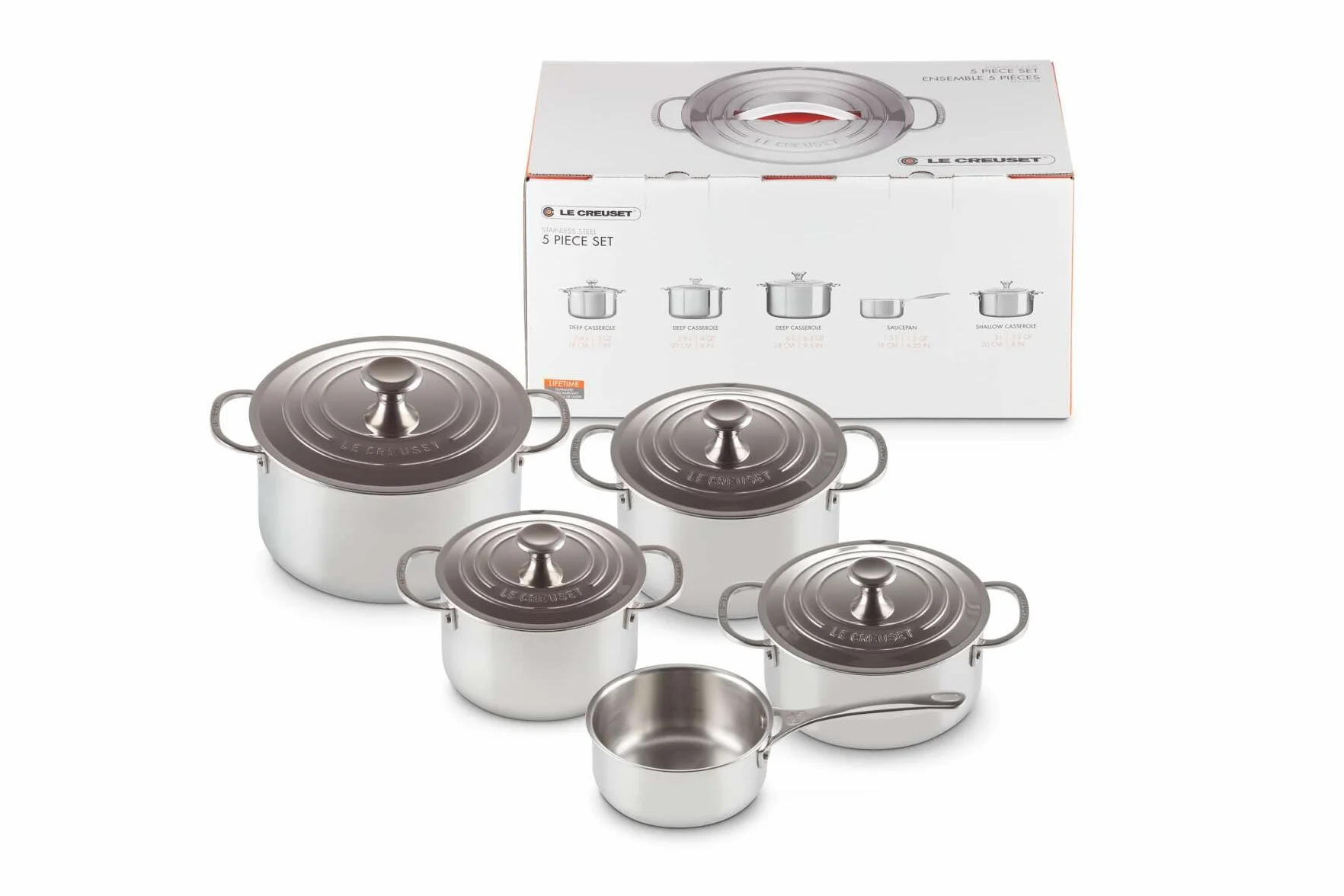 LE CREUSET Set 5 Pezzi Casseruole in Acciaio Inox, 3 Casseruole, Diametro 18, 20, 24 cm, 1 Pentola, Diametro 26 cm, 1 Casseruola, Diametro 28 cm, 96605300000000