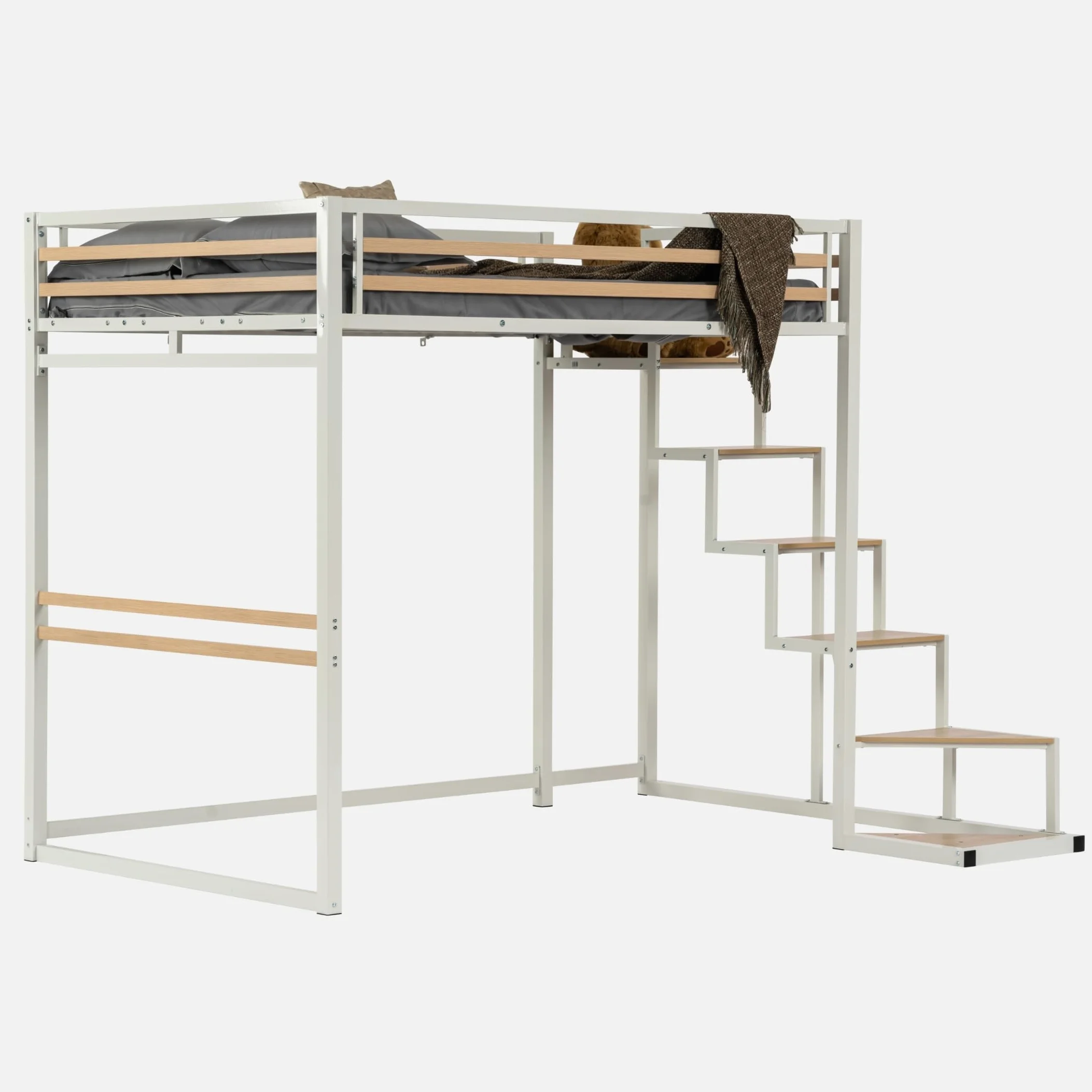 MEUBLE COSY Letto a Soppalco 140 x 200 cm con Rete a Doghe in Legno di Ingegneria e Metallo, Stile industriale, Letti per Camerette, Adulti, Bambini, Casa, Bianco+Quercia