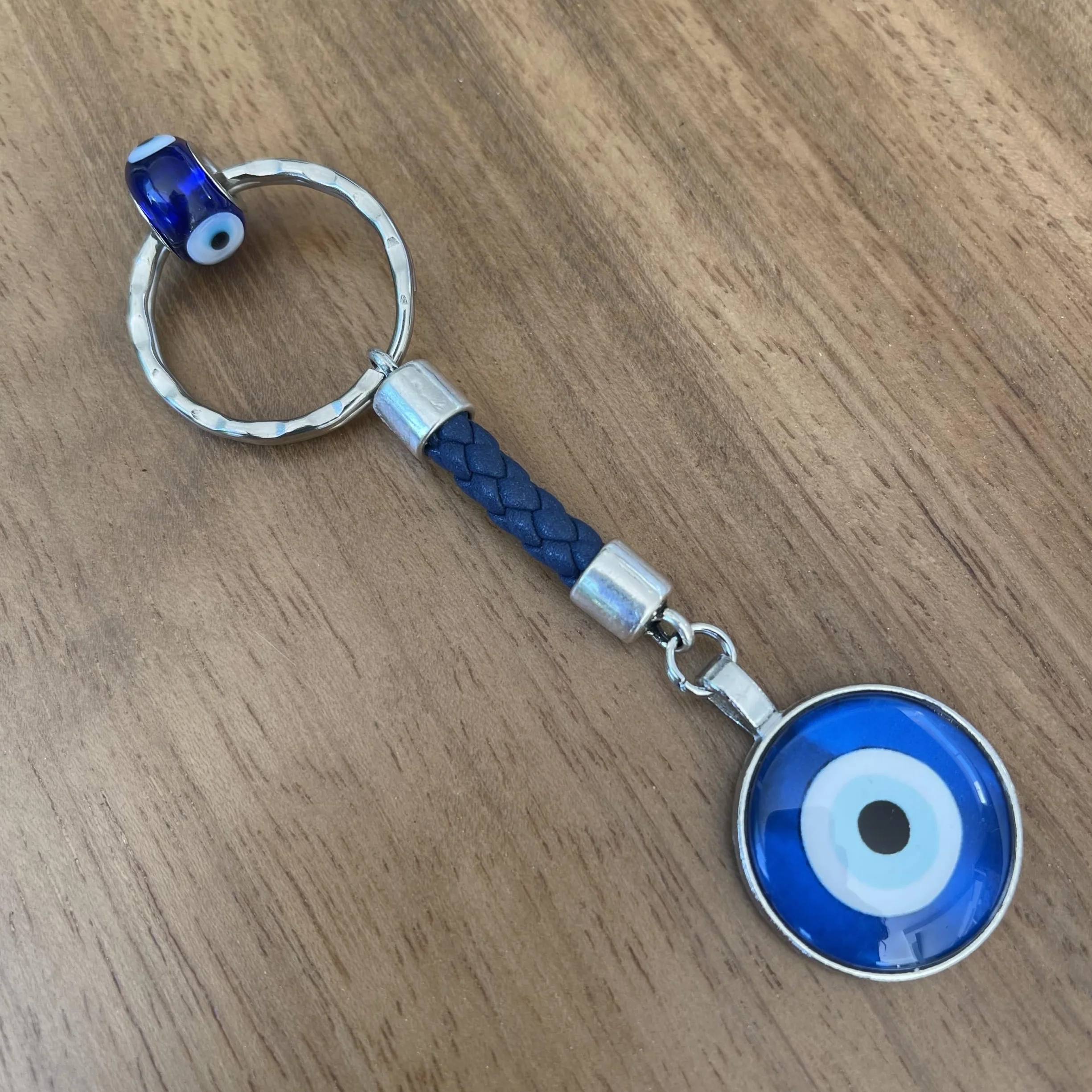 ASTER ALHELÍ Portafortuna Portachiavi Blu Occhio Turco Amuleto Malocchio Keychain Pelle Intrecciata Blu Argento Cuoio Uomo Donna