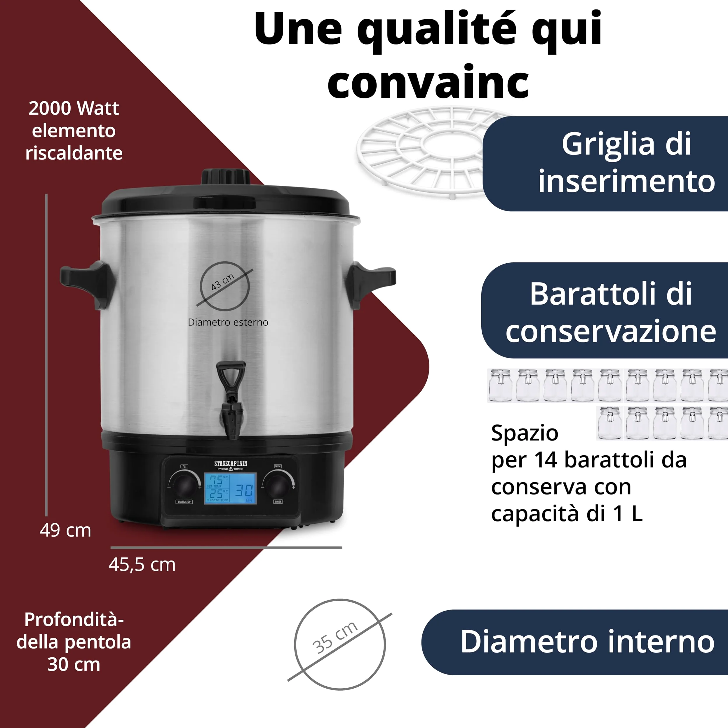 Stagecaptain GWK27D Scaldavino 27 L per vin brulé, bevande calde, marmellate, frutta e zuppe — 2000 W, acciaio inox, regolatore temperatura, timer, spegnimento automatico, display LCD