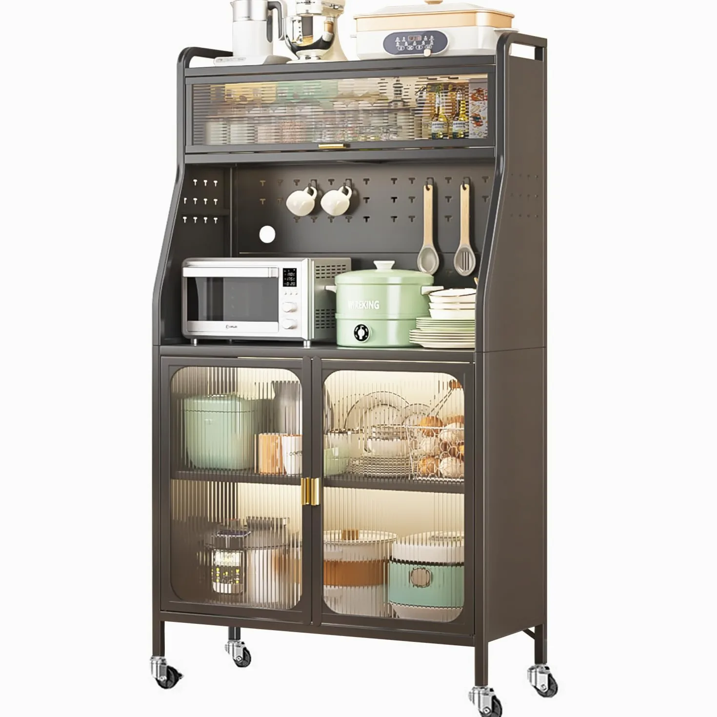 Mobile Dispensa Cucina, Credenza Cucina Alta, 86 x 36 x 164cm, con Rotelle con Gancio, Foro Per Cavi, Porta Magnetica 5 Piani Mobile Microonde, Adatto Alle Cucine, Nero