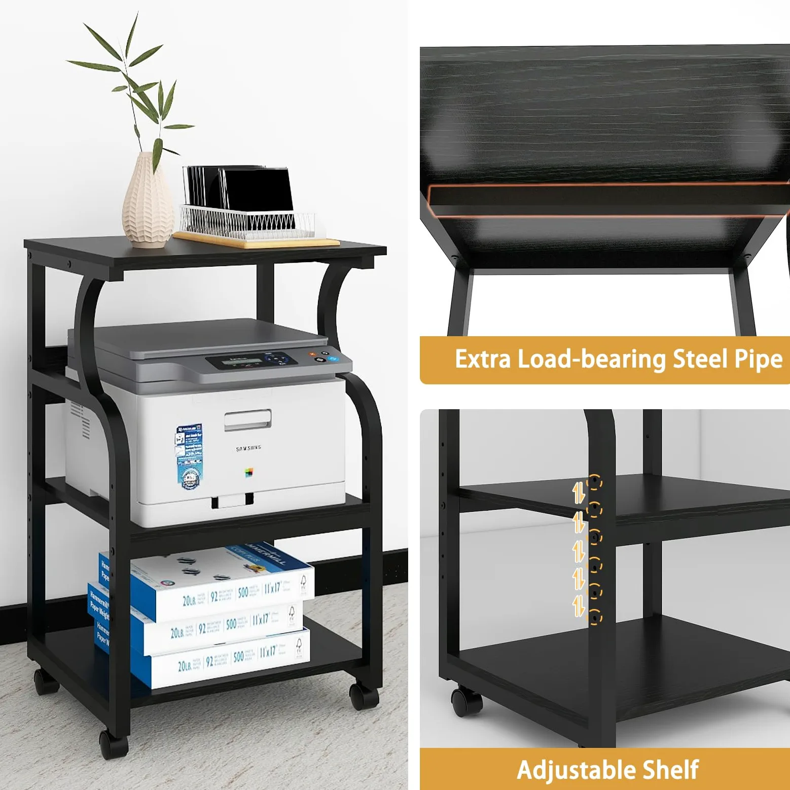 PUNCIA Grande supporto per stampante, 50 x 40 x 73 cm, con ripiano regolabile, carrello a 3 livelli con ruote per organizzazione di casa e ufficio, ripiani multifunzione per pressa a caldo, stampante