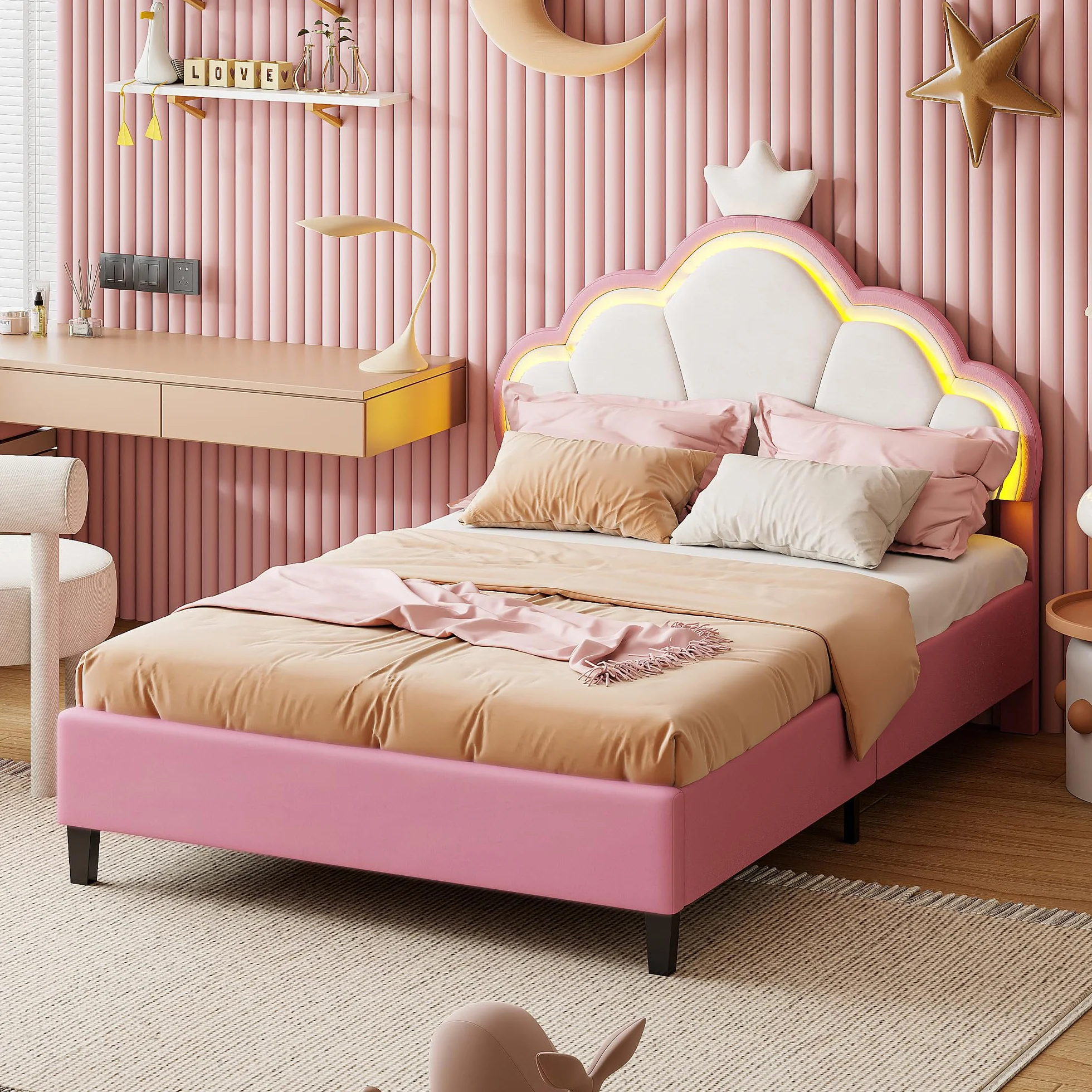 Letto matrimoniale per bambini 140 x 200 cm, letto da ragazza principessa con LED, testiera regolabile a forma di corona, telaio del letto imbottito con rete a doghe, per bambini e adulti