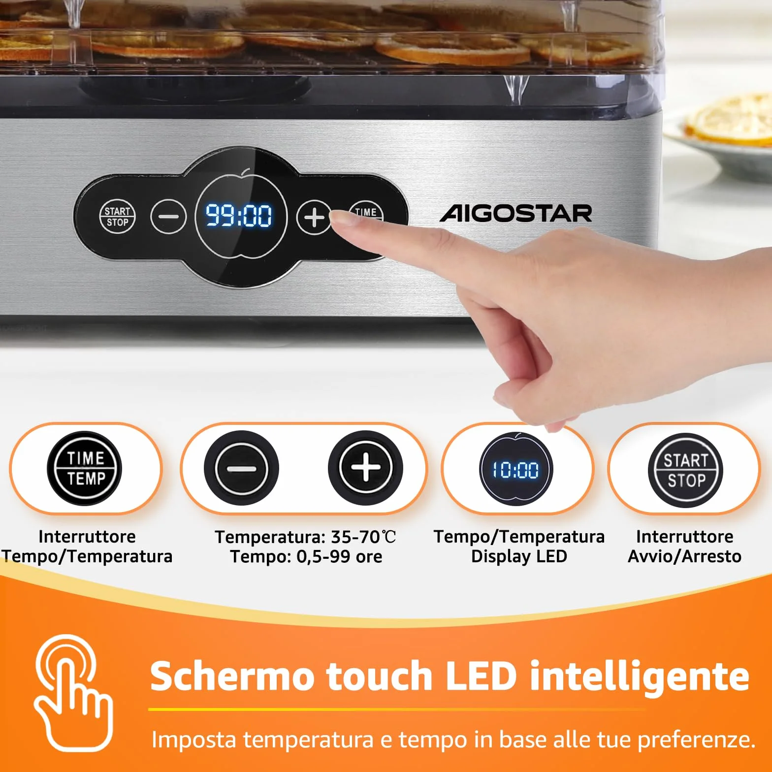Aigostar Crispy - Essiccatore alimentare, 240W, 5 vassoi, essiccatura automatica, ottimo per frutta, carne, verdura ecc. controlli digitali, impostazione manuale di tempo e temperatura. Senza BPA.