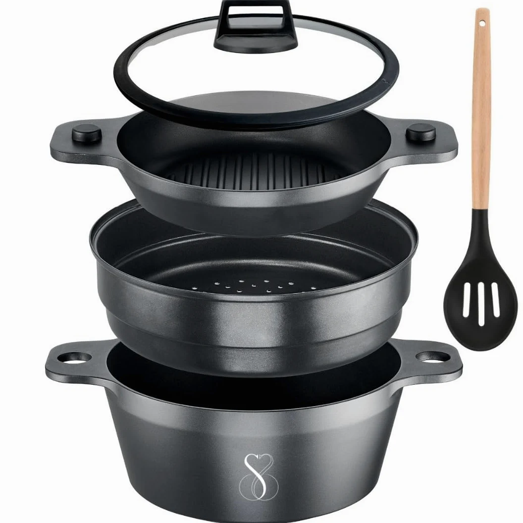 Stone&Stone Set Vaporiera 24 cm – Pentola, Griglia e Piroscafo per Cucina a Vapore, Cuoci Pasta, super Antiaderente tedesco, Induzione, Forno e Gas + Coperchio, 1 Cucchiaio e 2 Presine in Silicone