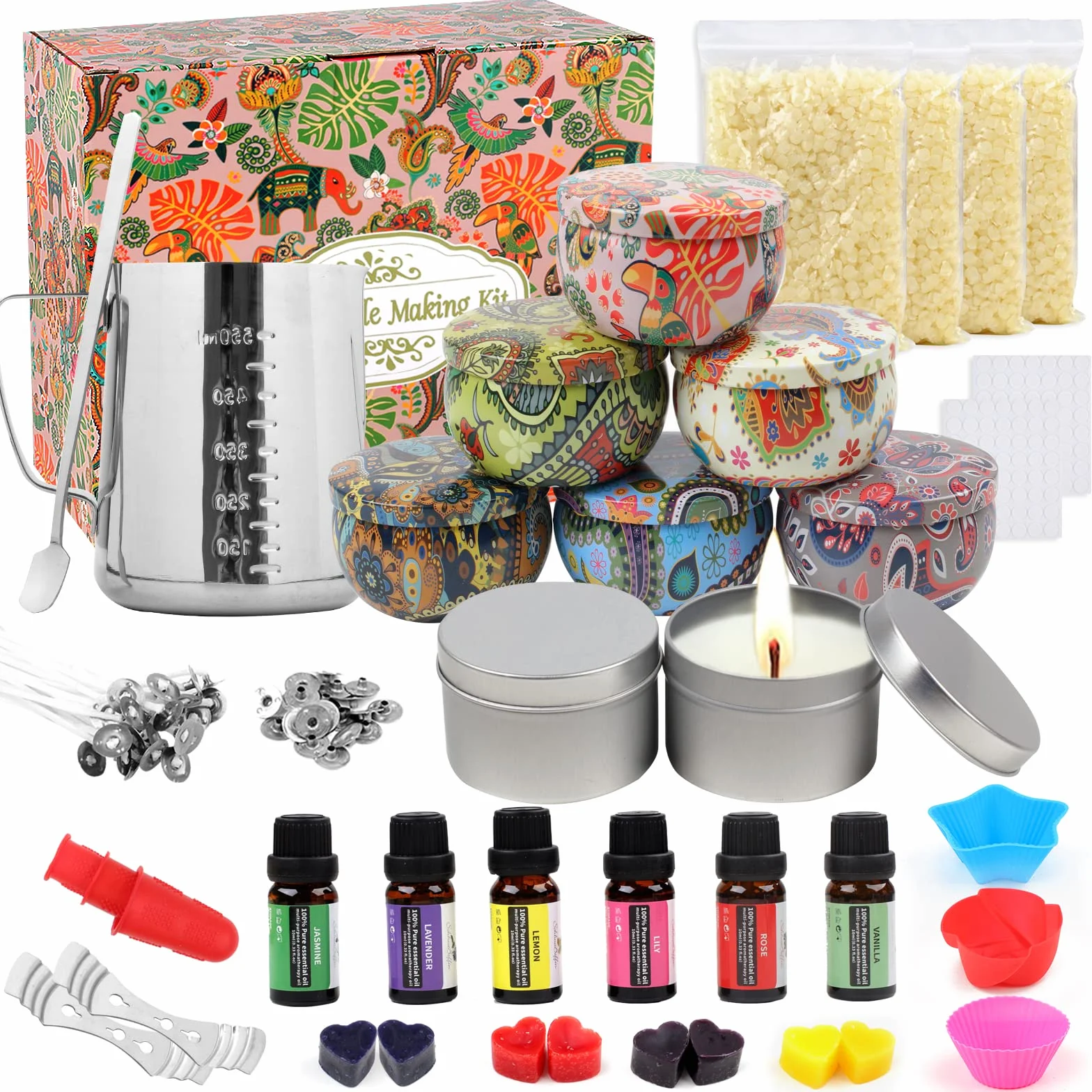 Set candele fai da te, kit per candele profumate con cera d'api, 8 barattoli, 6 oli, 8 coloranti, 500 ml