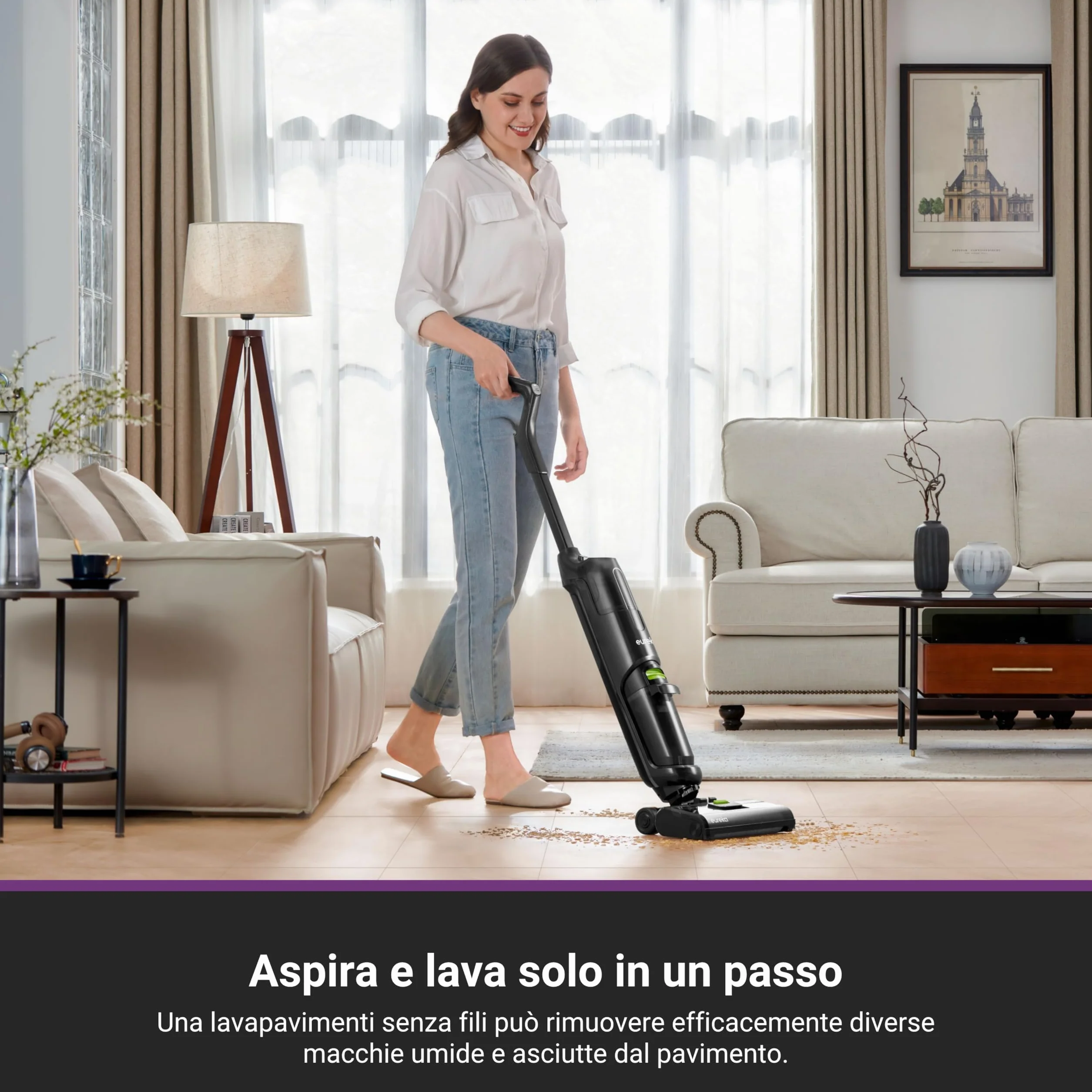 EUREKA NEW400 Lavapavimenti Senza Fili, Aspira e Lava in un Passaggio, 3,95kg Ultraleggero, Autopropulsione, 600ml+400ml Doppio Serbatoio, Batteria 2500mAh×6, Pavimento Asciutto 90%