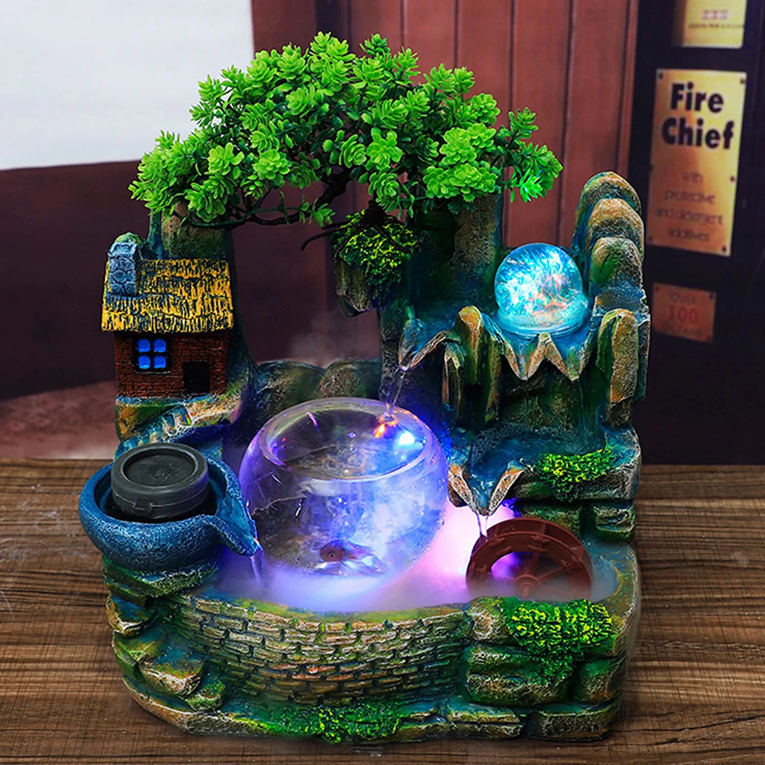 Fontana da interni con illuminazione, fontana con pompa e umidificatore, fontana da tavolo con pietra decorativa da giardino in resina a cascata, per casa, ufficio, camera da letto, decorazione