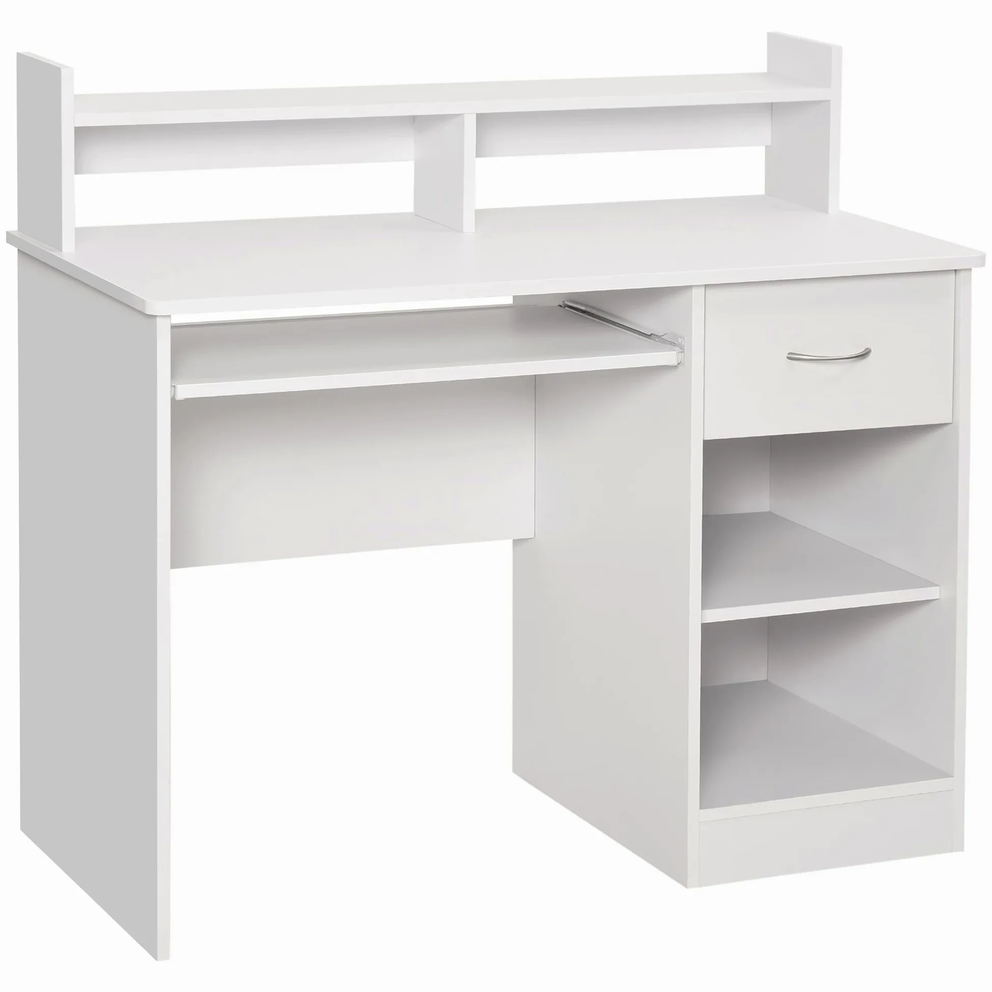 HOMCOM Scrivania per Computer Compatta, Scrivania PC Fisso in Legno Bianco con Ripiano Tastiera Estraibile e Mensole 104x48x95.5cm