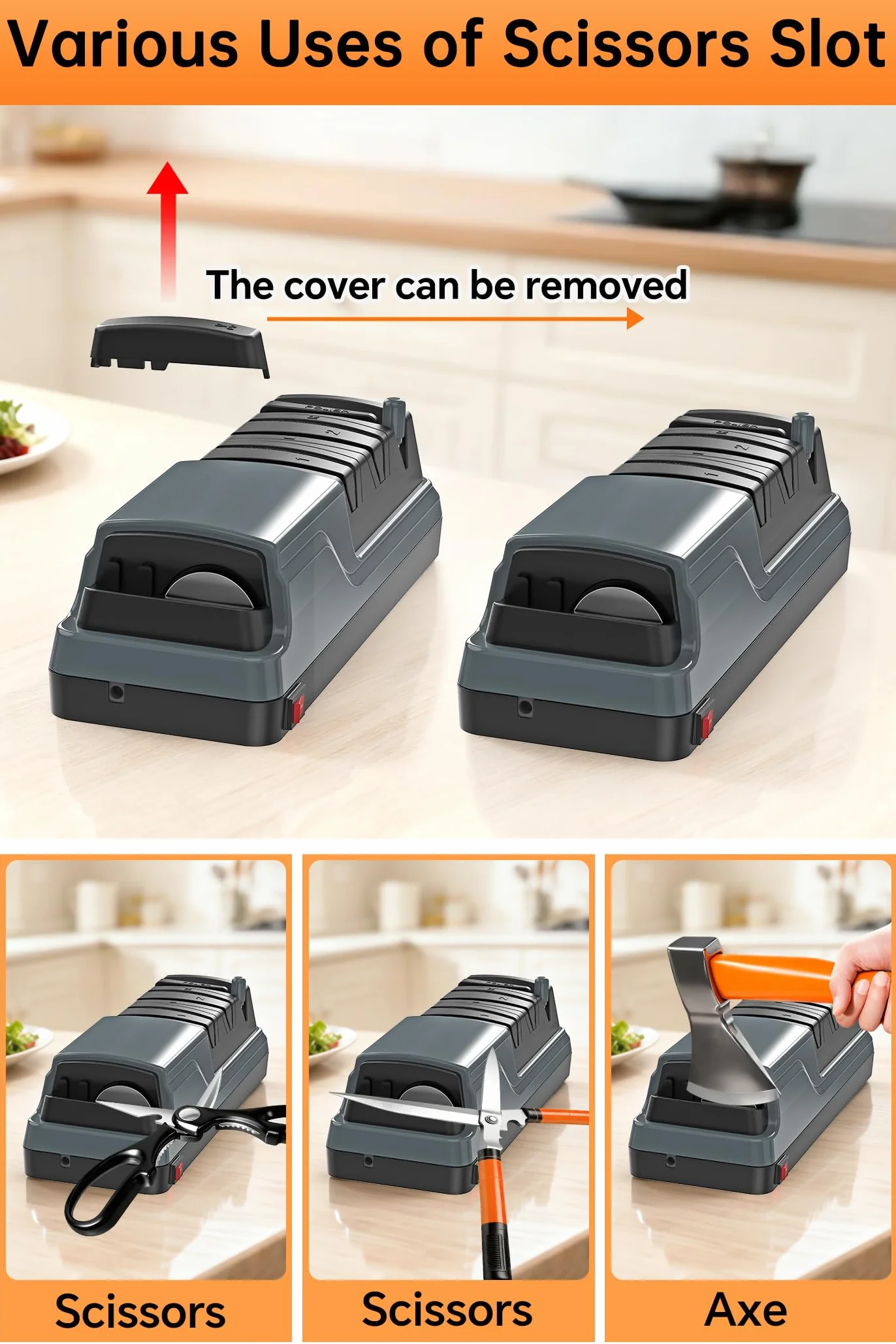 Affilacoltelli Elettrico Multifunzione 5 in 1 Professionale per Coltelli da Cucina e Forbici, Grigio scuro